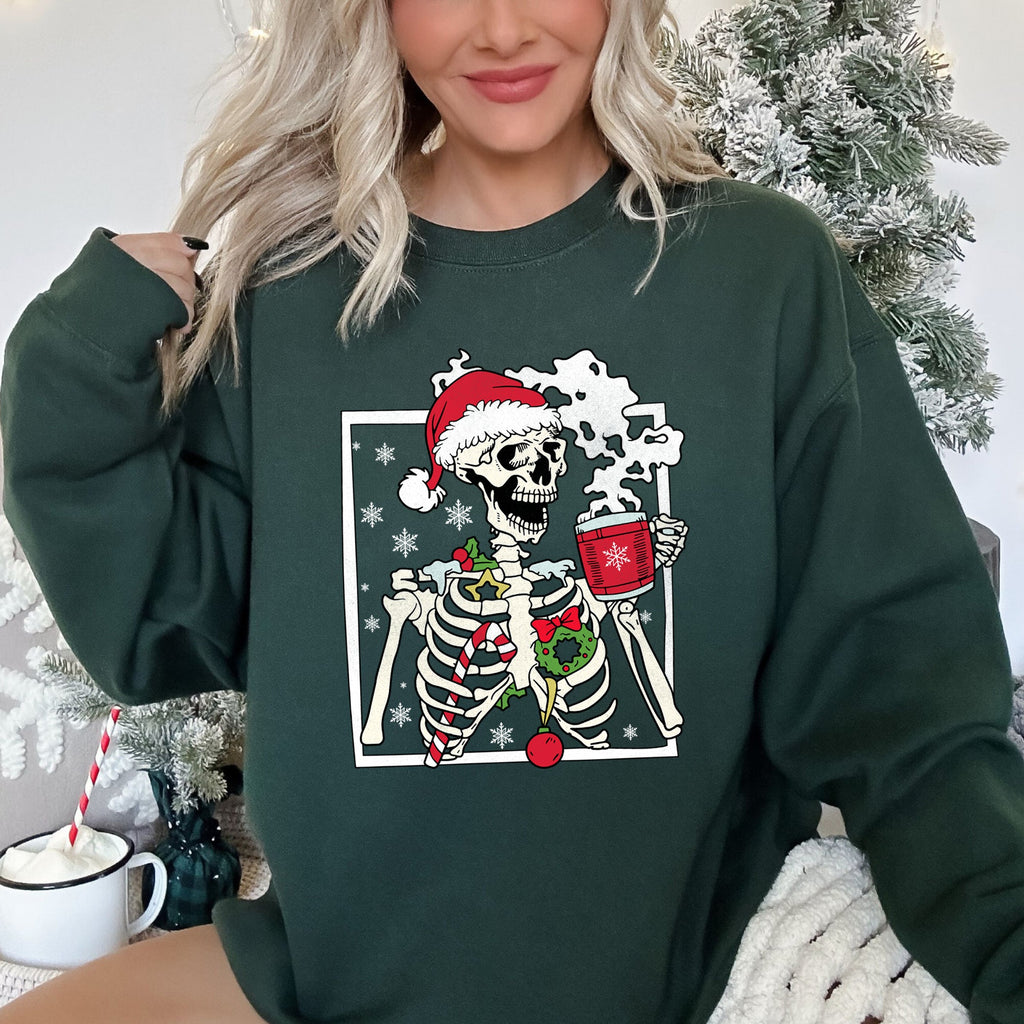 Santa Skeleton Coffee Retro Christmas Cozy Holiday Vintage Cartoon Festive Sweatshirt