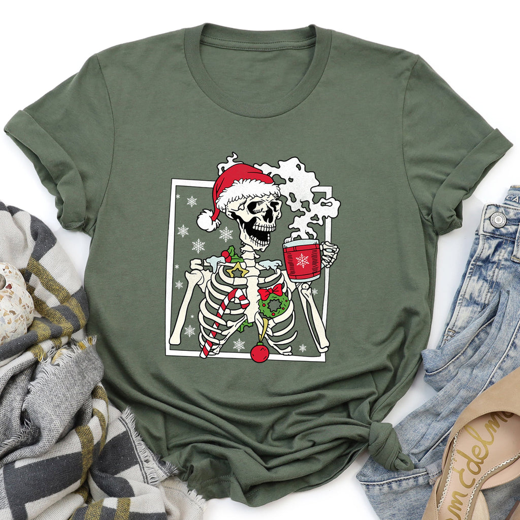 Santa Skeleton Coffee Retro Christmas Holiday Poster Artwork Vintage Style Graphic Tee