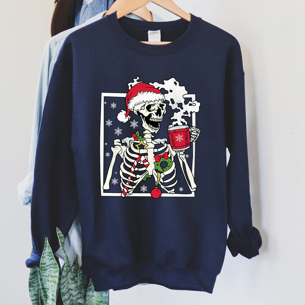 Santa Skeleton Coffee Retro Christmas Cozy Holiday Vintage Cartoon Festive Sweatshirt