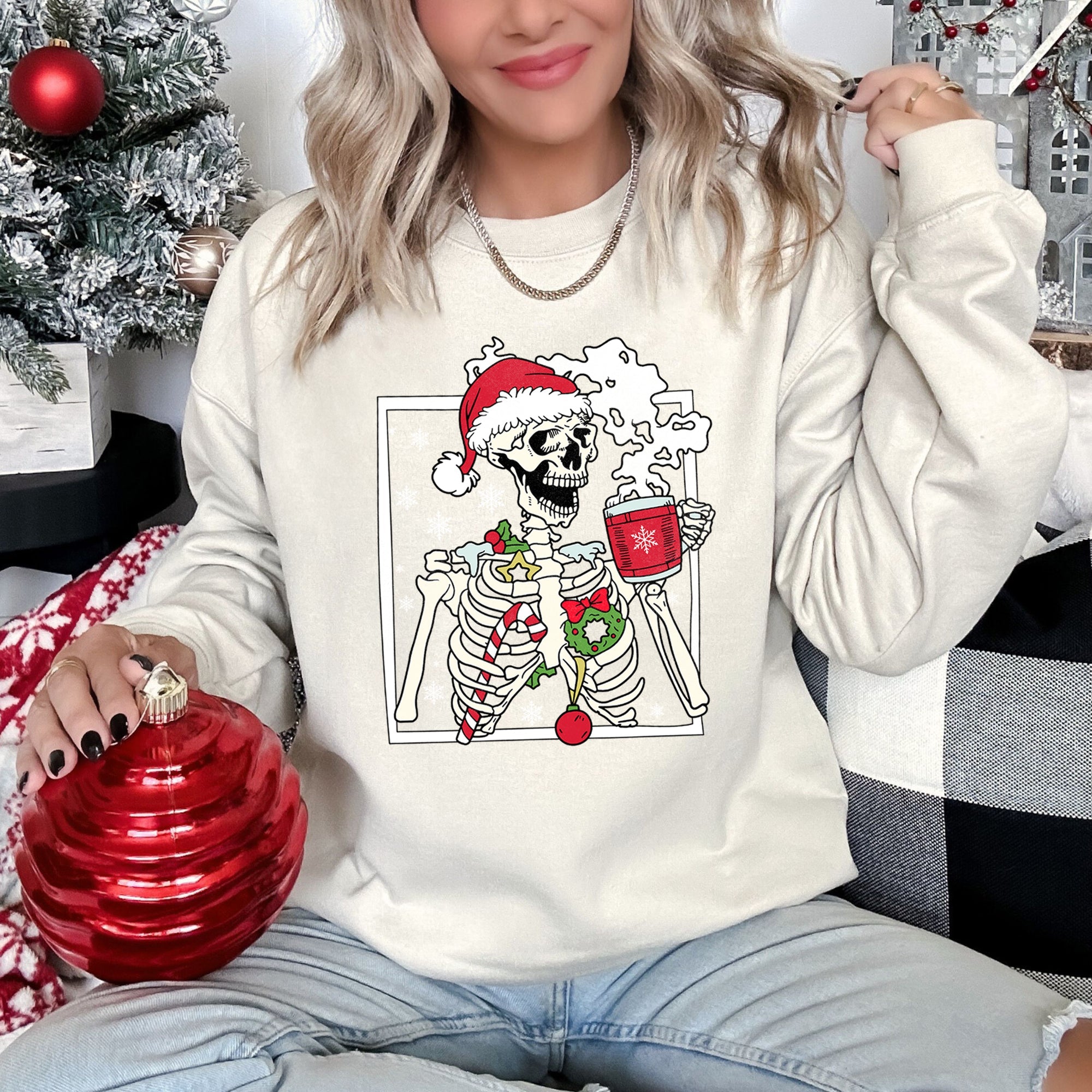 Santa Skeleton Coffee Retro Christmas Cozy Holiday Vintage Cartoon Festive Sweatshirt