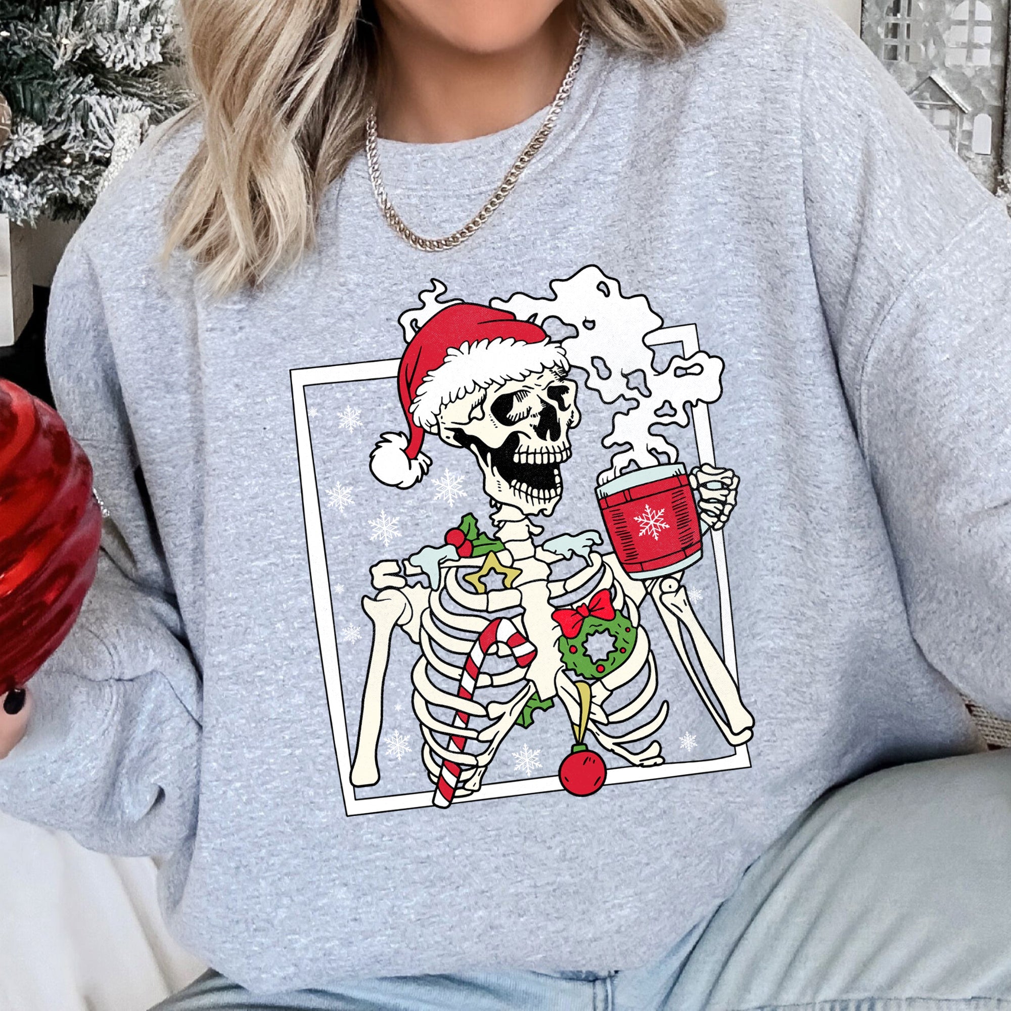 Santa Skeleton Coffee Retro Christmas Cozy Holiday Vintage Cartoon Festive Sweatshirt