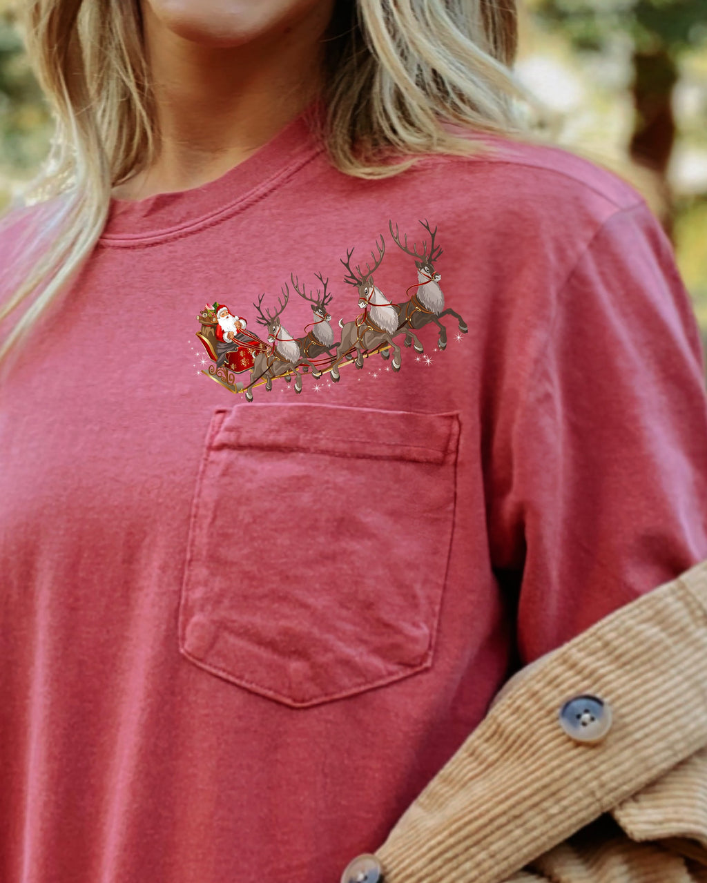 Santa Sleigh Reindeer Christmas Snow Winter Xmas Pocket Holiday Comfort Colors Tee