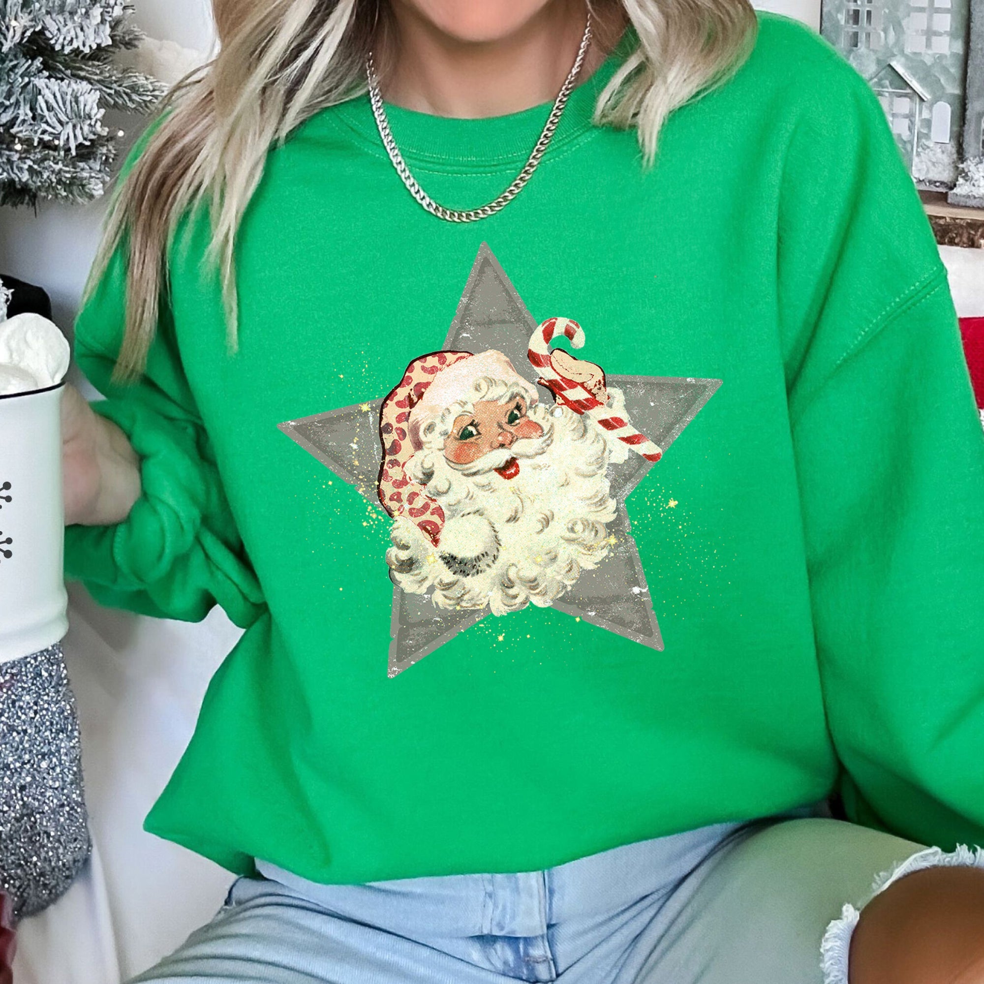 Santa Retro Grey Star Cozy Holiday Festive Scene Vintage Christmas Theme Sweatshirt