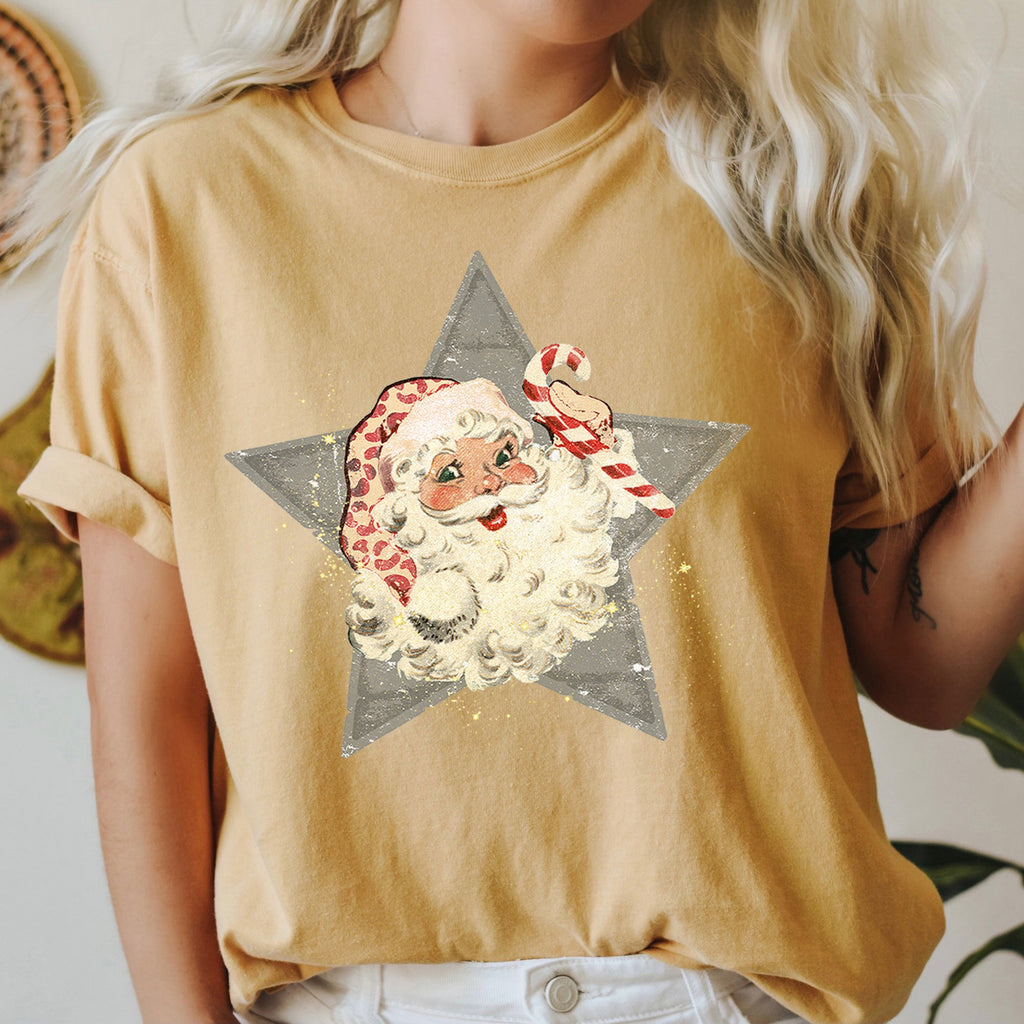 Santa Retro Green Star Candy Cane Christmas Holiday Classic Edition Comfort Colors Tee