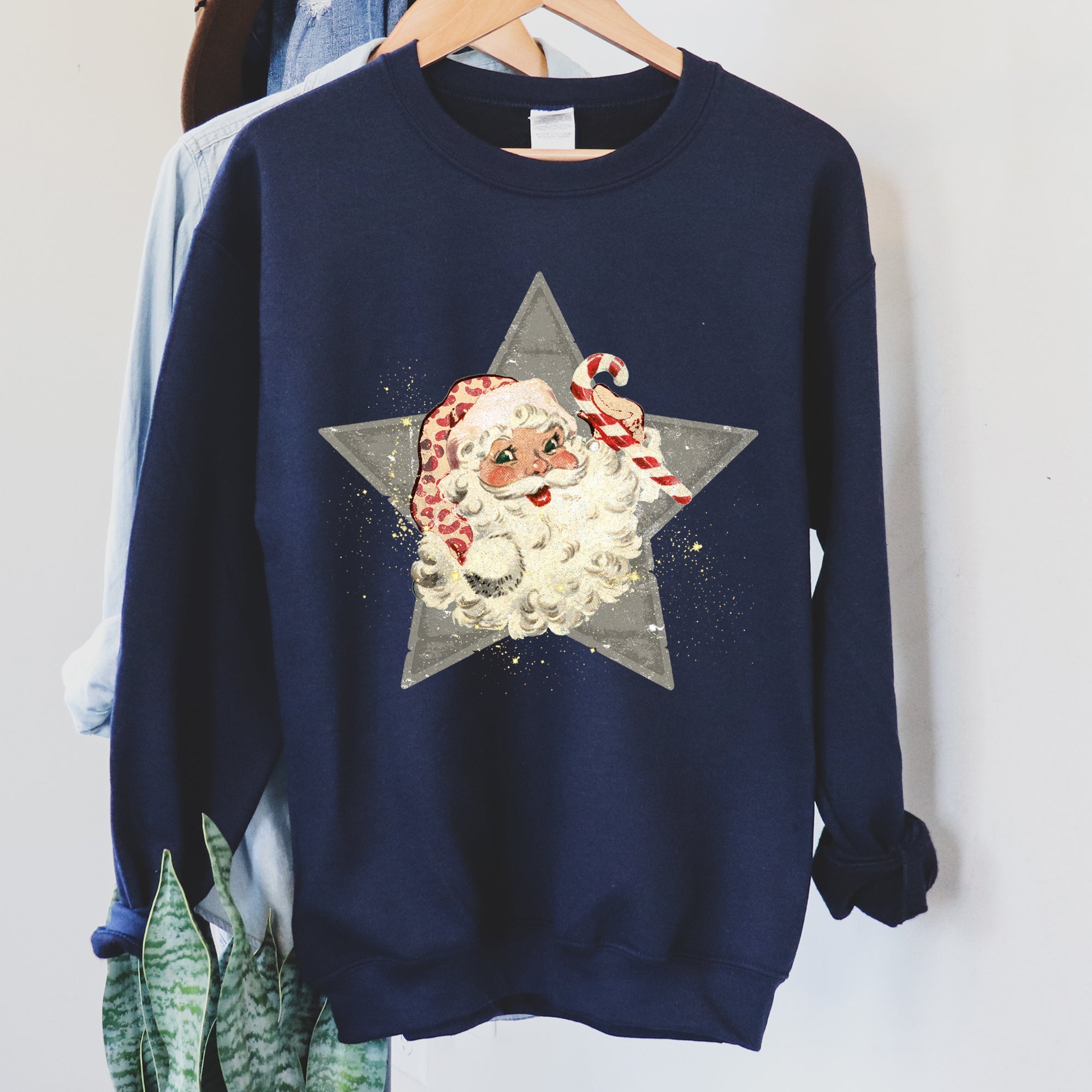 Santa Retro Grey Star Cozy Holiday Festive Scene Vintage Christmas Theme Sweatshirt
