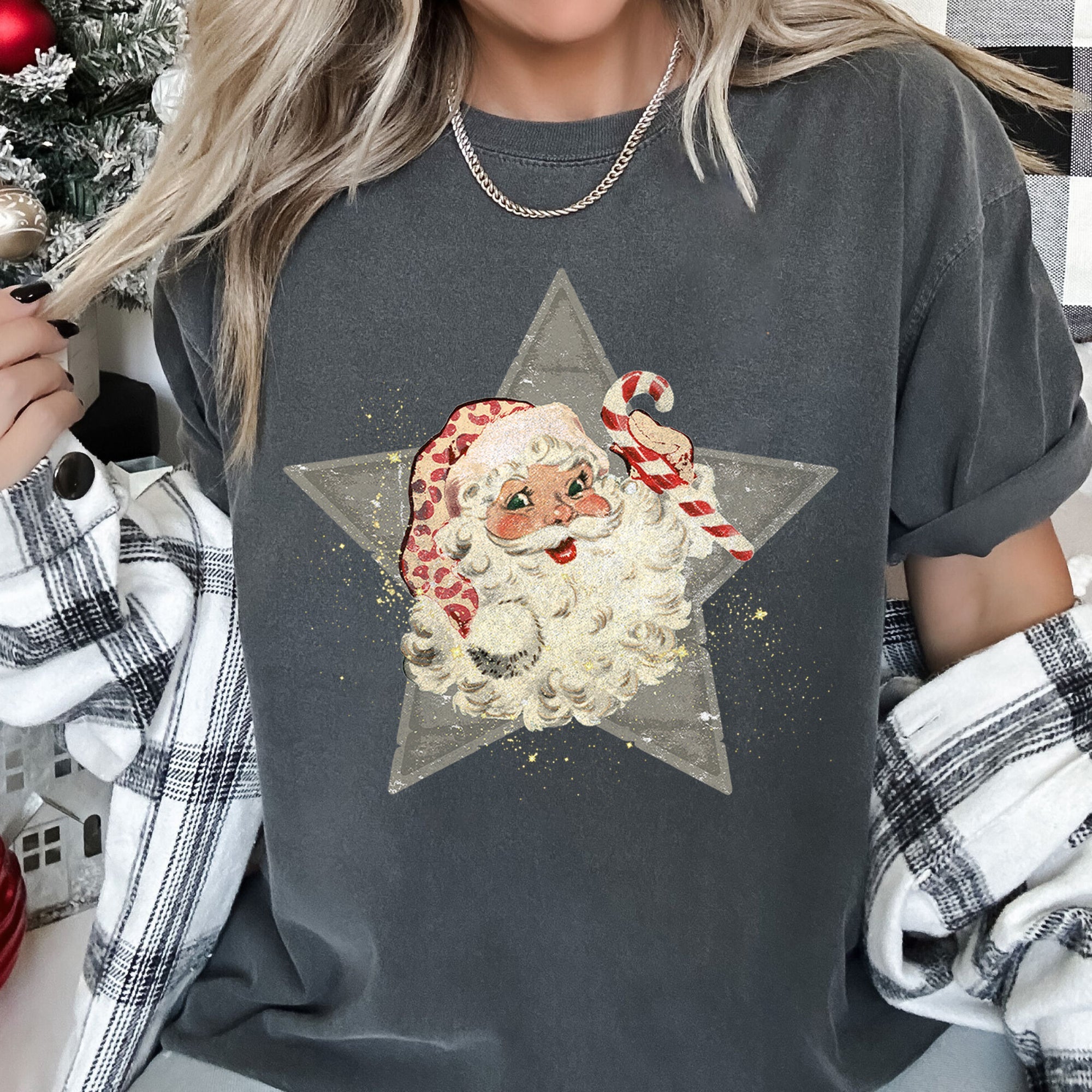 Santa Retro Green Star Candy Cane Christmas Holiday Classic Edition Comfort Colors Tee