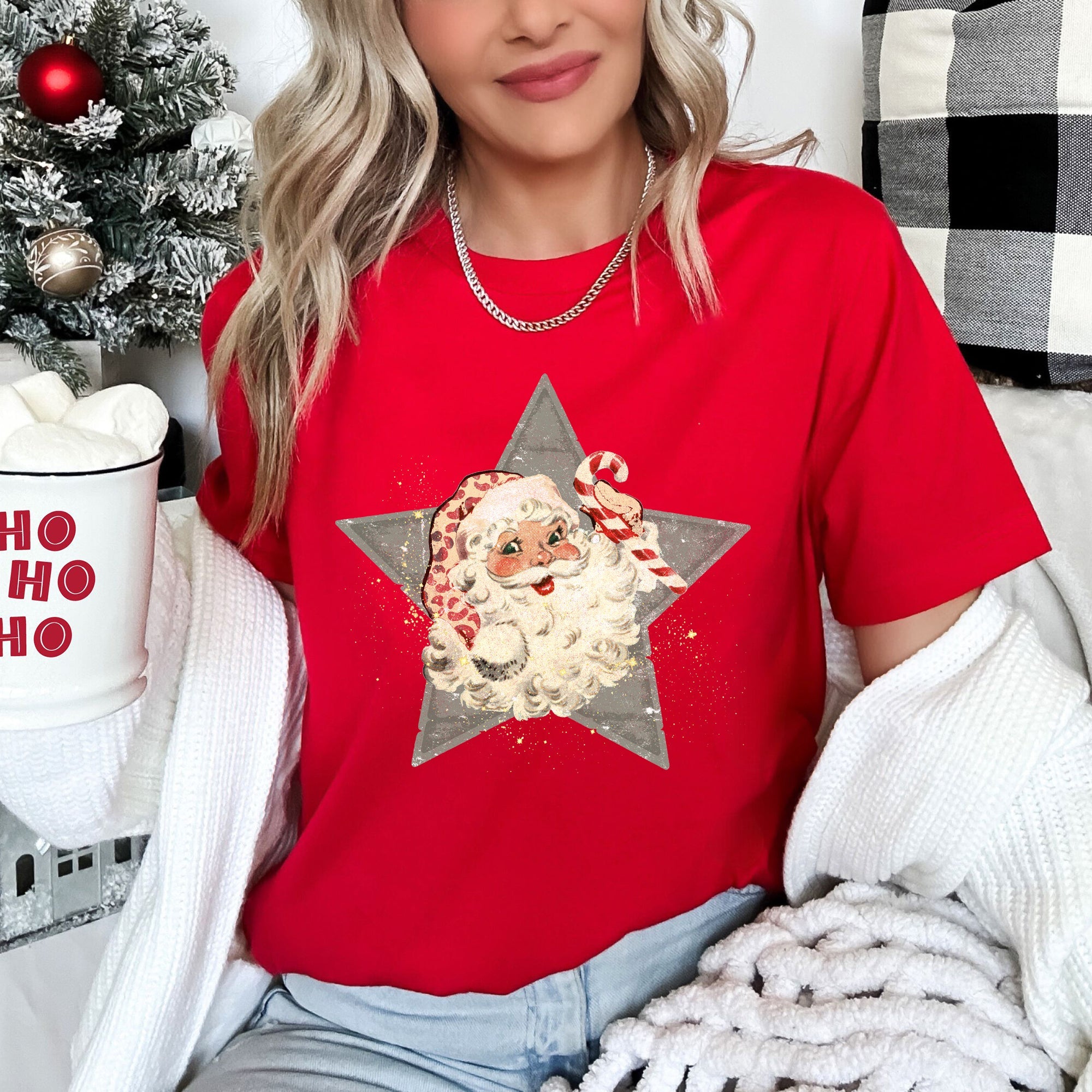 Santa Retro Green Star Candy Cane Christmas Festive Vintage Holiday Limited Edition Graphic Tee