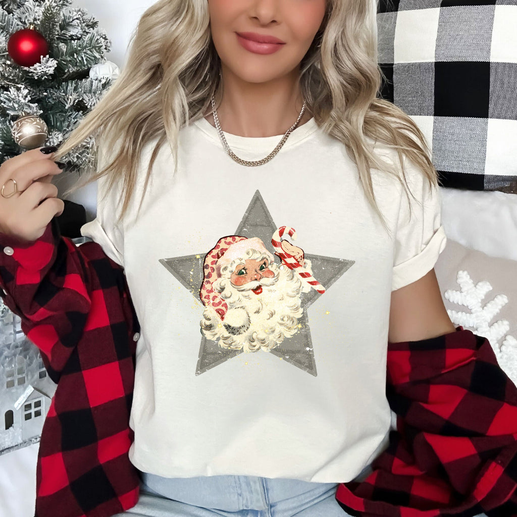 Santa Retro Green Star Candy Cane Christmas Festive Vintage Holiday Limited Edition Graphic Tee