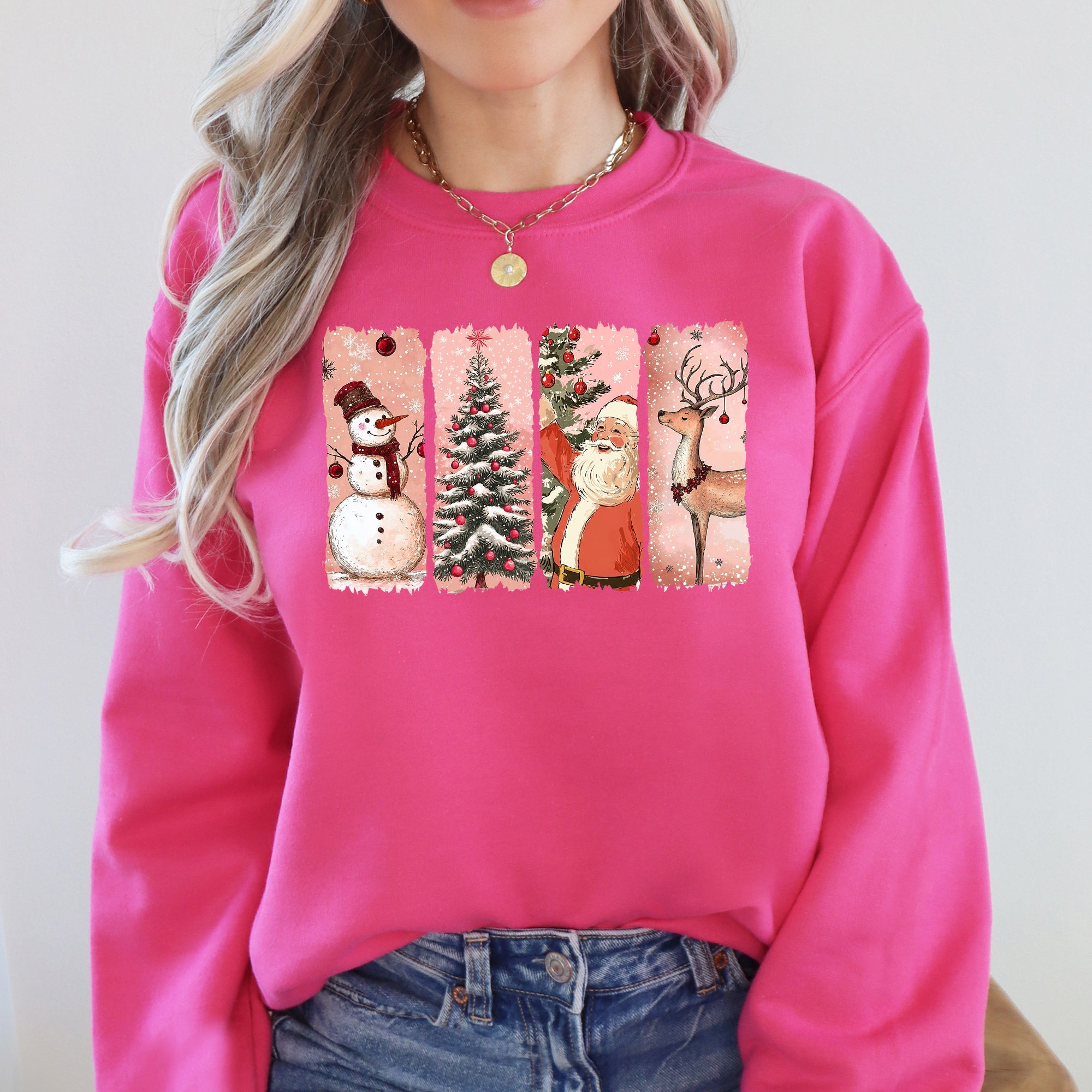 Santa Snowman Reindeer Christmas Tree Retro Vintage Inspired Festive Design Graphic Sweatshirt
