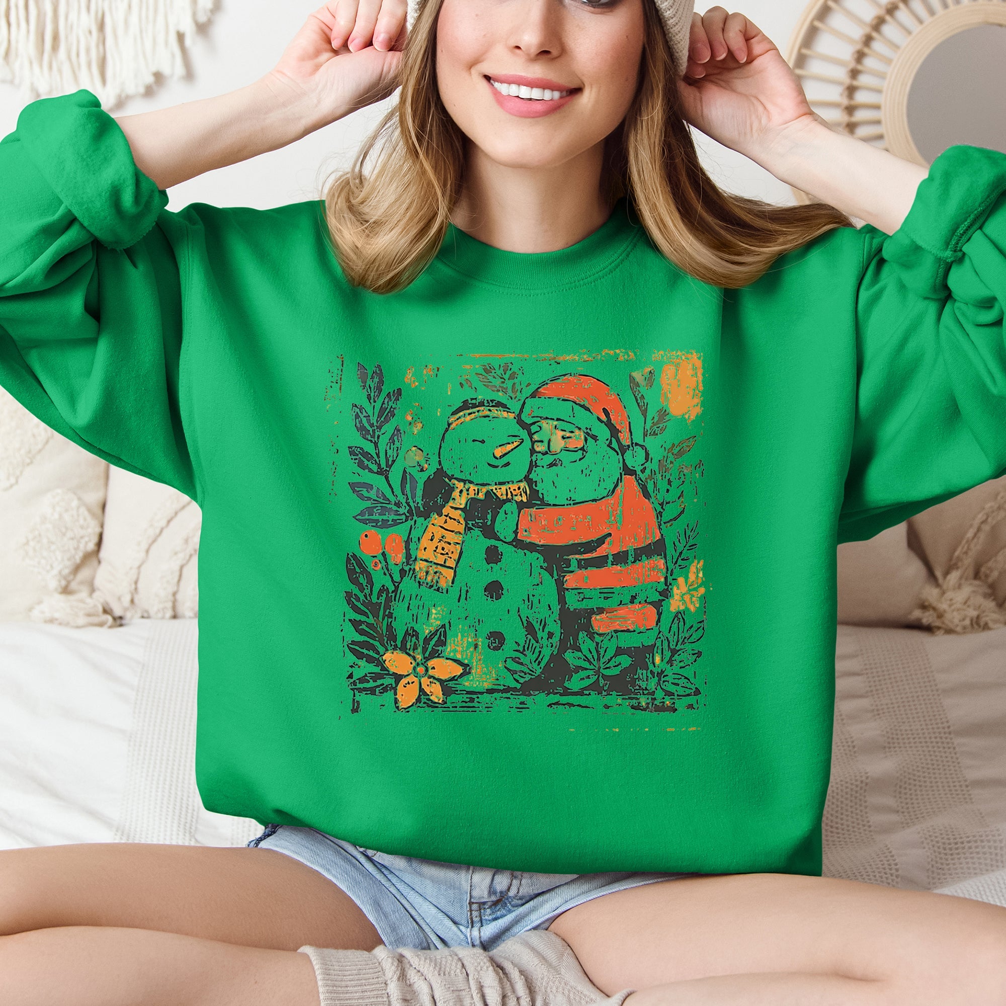 Santa And Snowman Christmas Sketch Vintage Retro Nostalgic Cozy Whimsical Sketchy Holiday Vibe Art Print Sweatshirt
