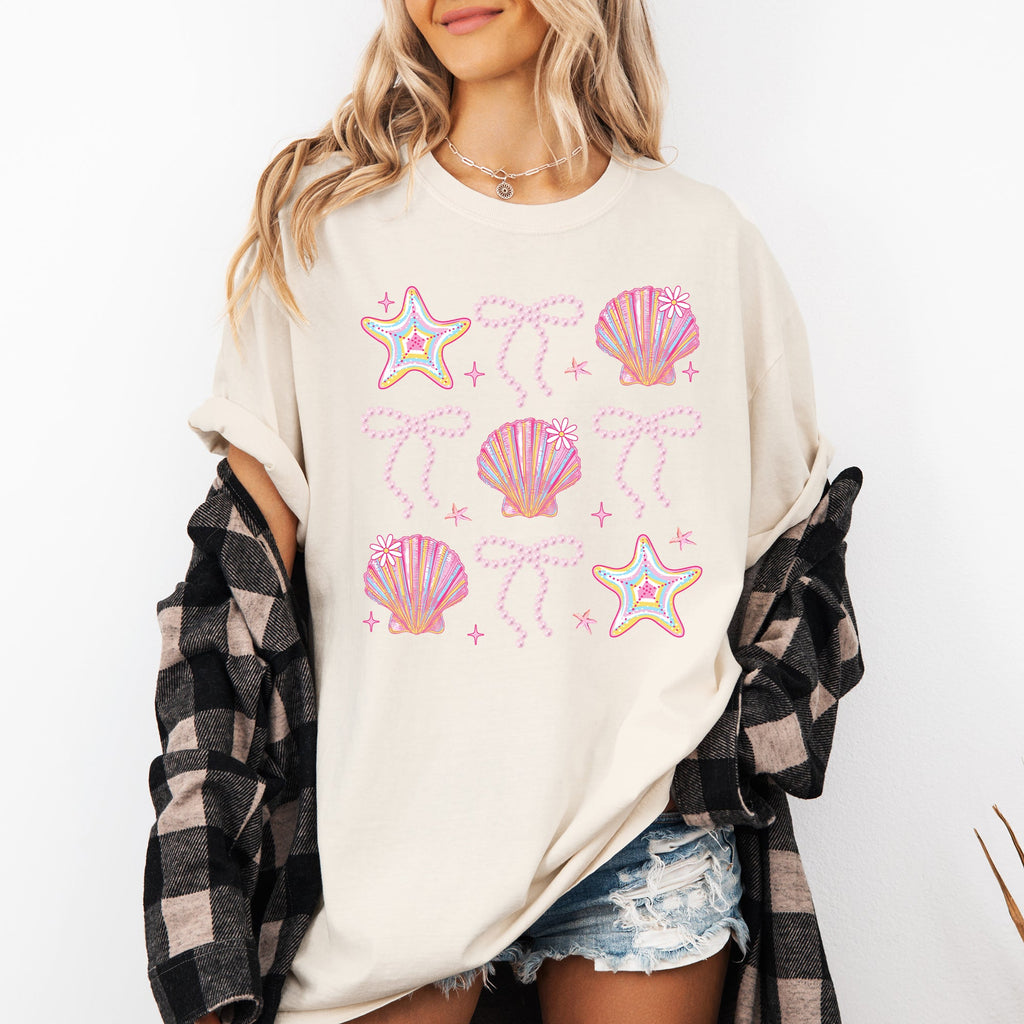 Seashell Beach Coquette Pearls Ribbon Summer Sunset Limited Edition Coastal Print Comfort Colors Tee