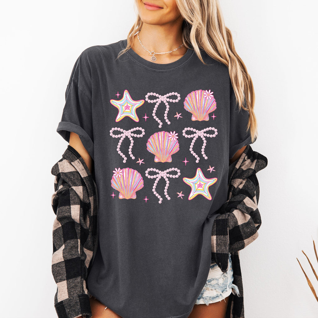 Seashell Beach Coquette Pearls Ribbon Summer Sunset Limited Edition Coastal Print Comfort Colors Tee