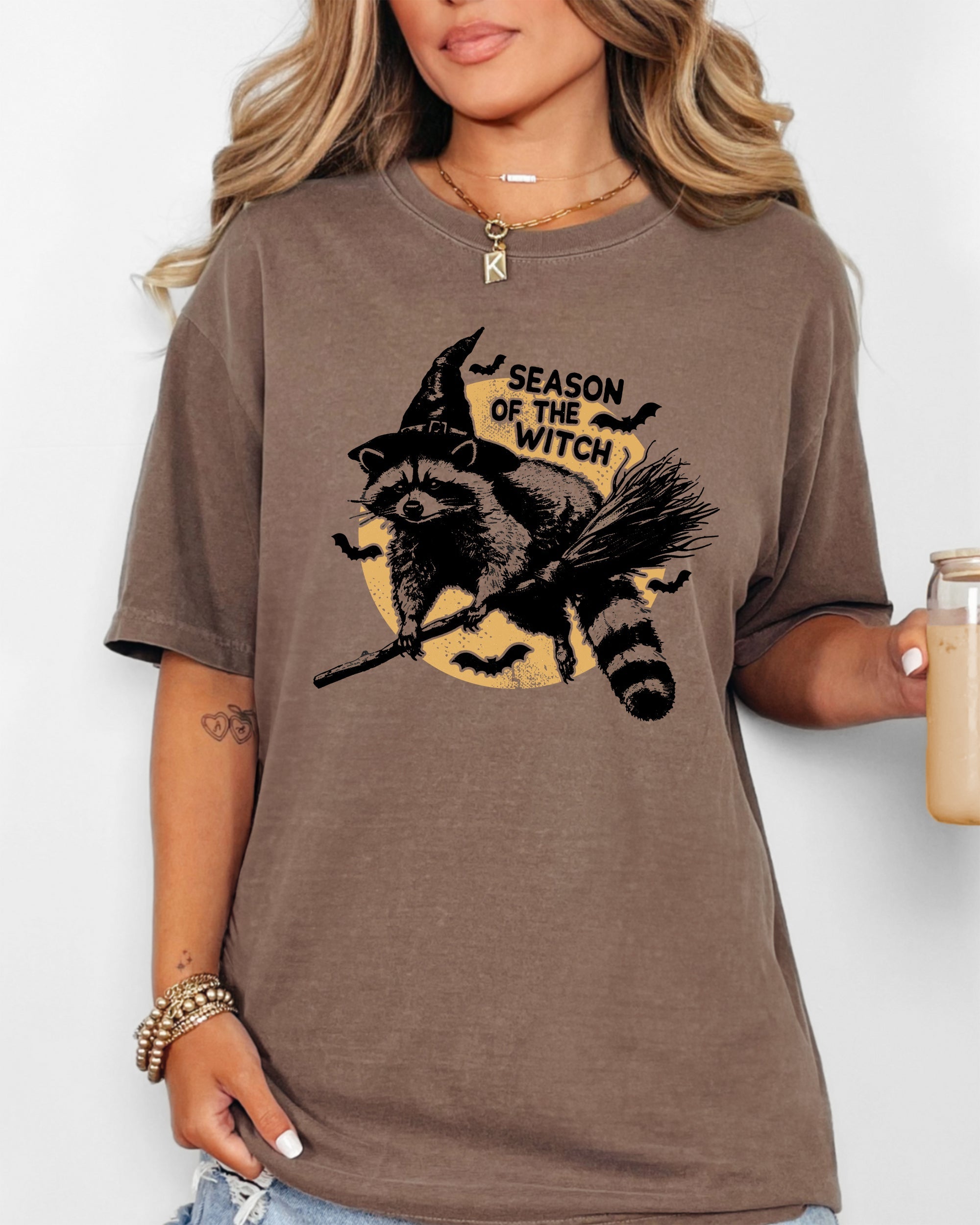 Season Of The Witch Cute Raccoon Halloween Meme Bats Moon Spooky Comfort Colors Tee