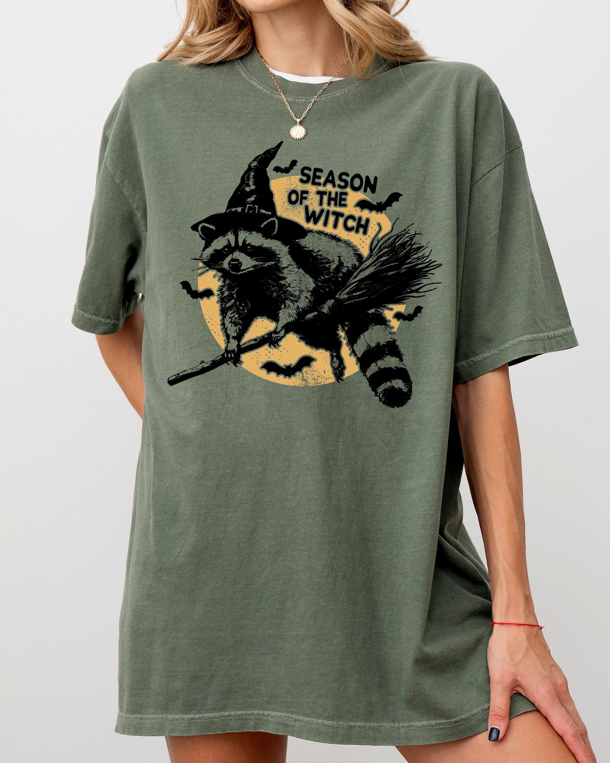 Season Of The Witch Cute Raccoon Halloween Meme Bats Moon Spooky Comfort Colors Tee