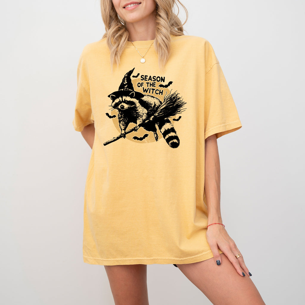Season Of The Witch Cute Raccoon Halloween Meme Bats Moon Spooky Comfort Colors Tee