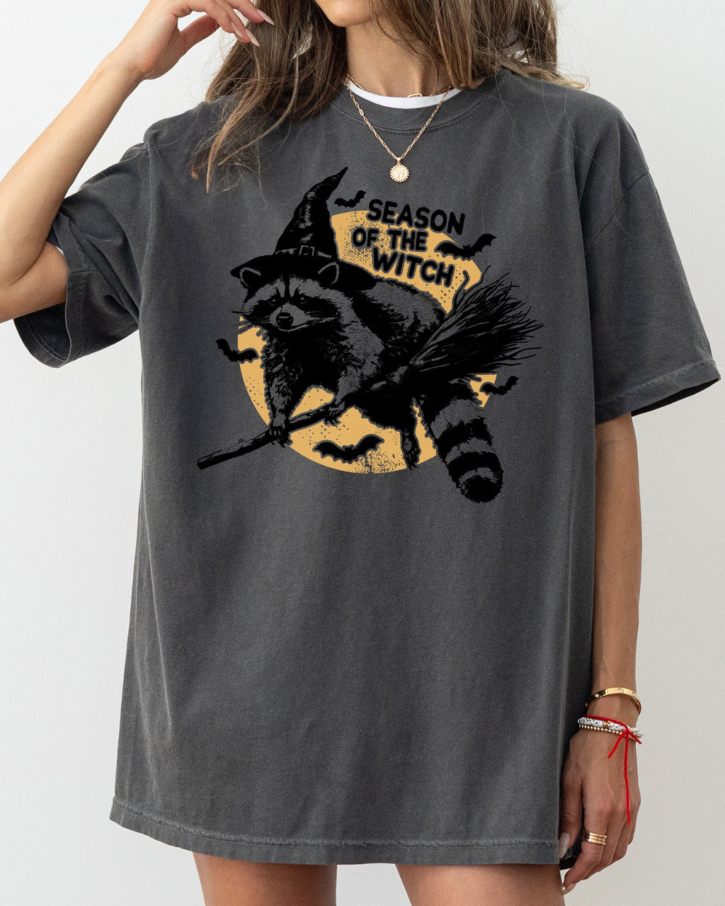 Season Of The Witch Cute Raccoon Halloween Meme Bats Moon Spooky Comfort Colors Tee