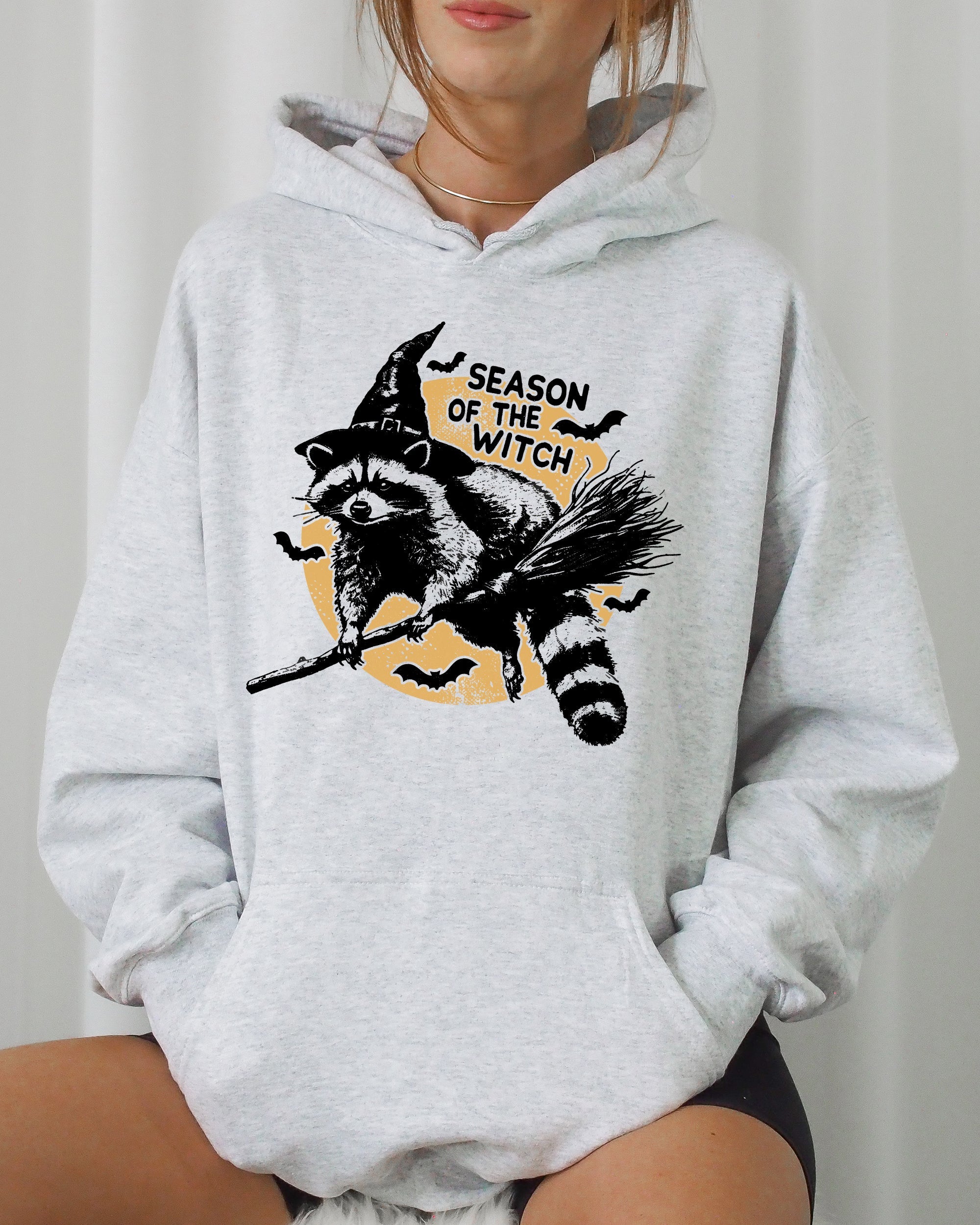 Season Of The Witch Cute Raccoon Halloween Meme Bats Moon Spooky Hooded Sweatshirt