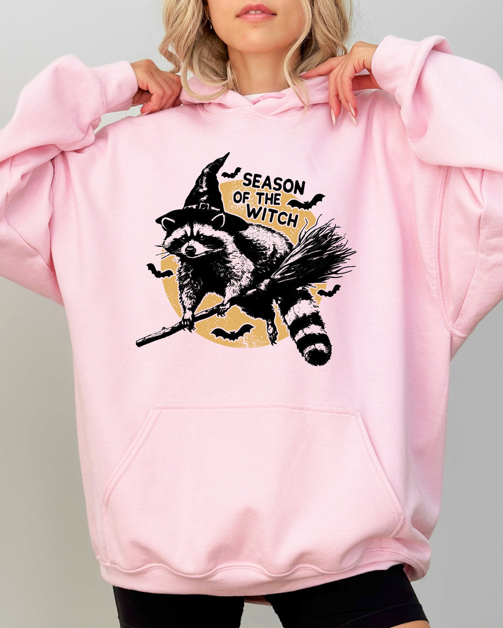 Season Of The Witch Cute Raccoon Halloween Meme Bats Moon Spooky Hooded Sweatshirt