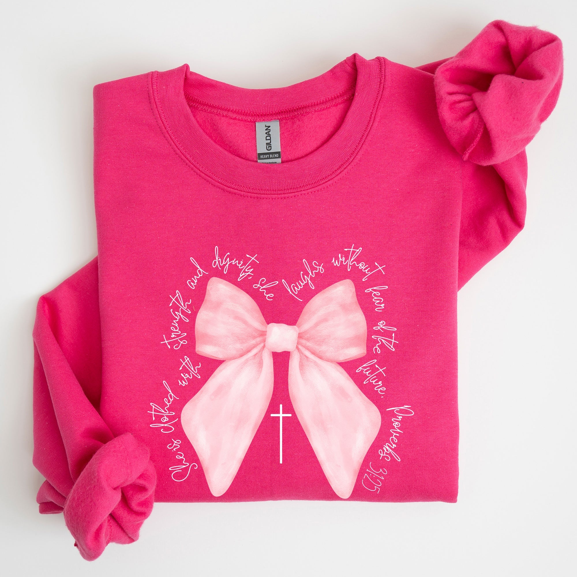 She Is Clothed With Strength And Dignity Proverbs Bows Ribbon Girly Religious Christmas Faith Sweatshirt