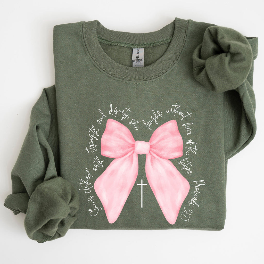 She Is Clothed With Strength And Dignity Proverbs Bows Ribbon Girly Religious Christmas Faith Sweatshirt