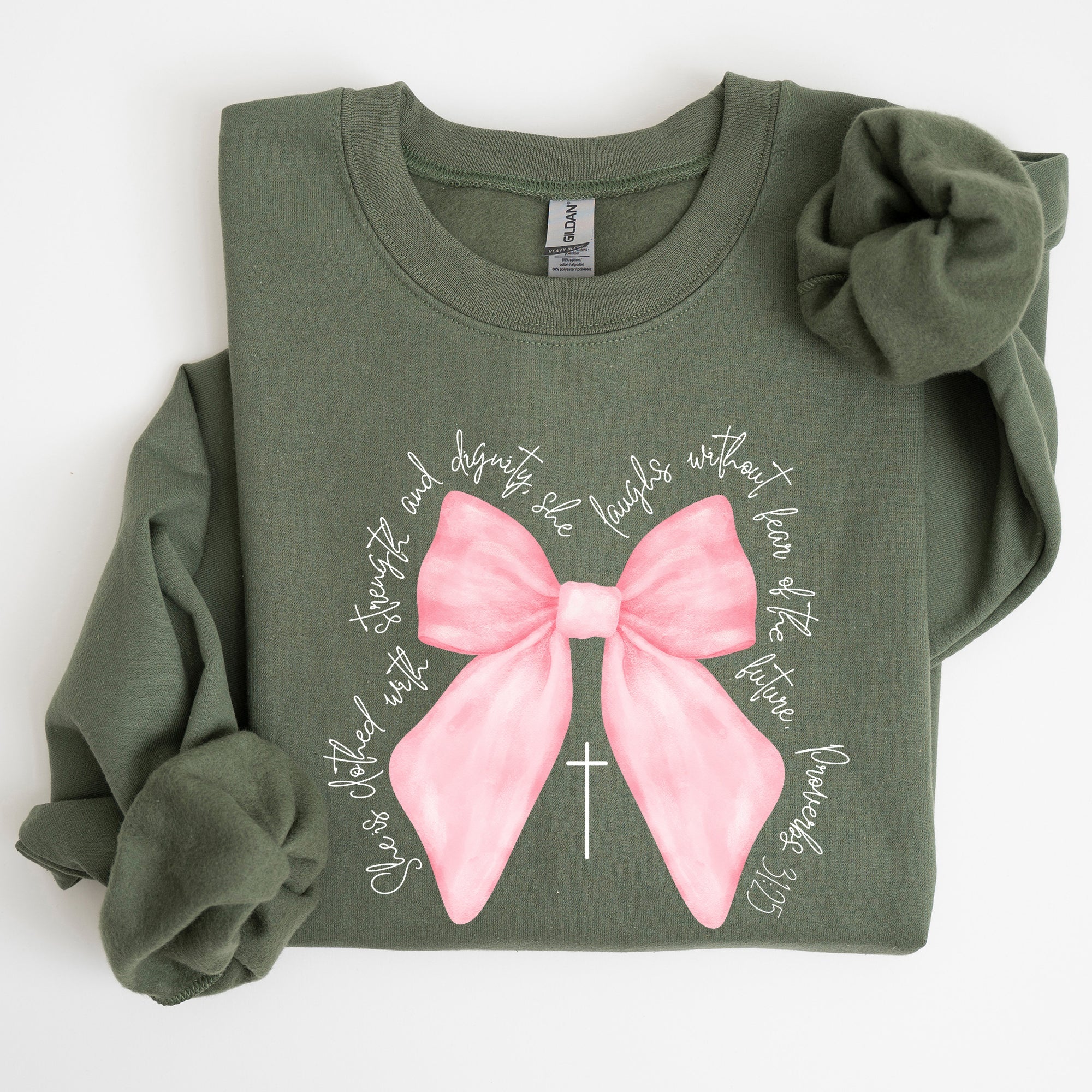 She Is Clothed With Strength And Dignity Proverbs Bows Ribbon Girly Religious Christmas Faith Sweatshirt