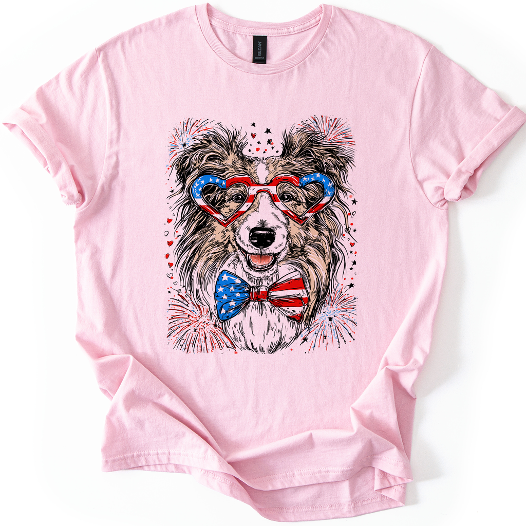 Sheltie Patriotic Dog USA Flag Fourth Of July Pet Lover Shetland Sheepdog Graphic Tee