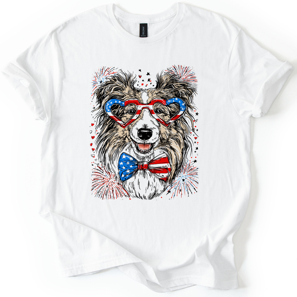 Sheltie Patriotic Dog USA Flag Fourth Of July Pet Lover Shetland Sheepdog Graphic Tee