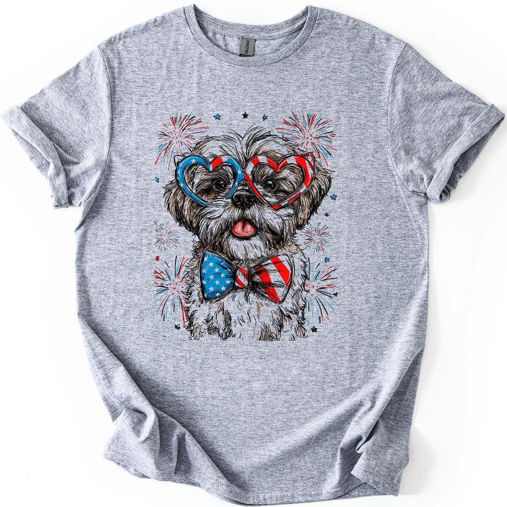 Shih Tzu Patriotic Dog Proudly American USA Fourth Of July Celebration With Flag Imagery For Pet Lovers Graphic Tee
