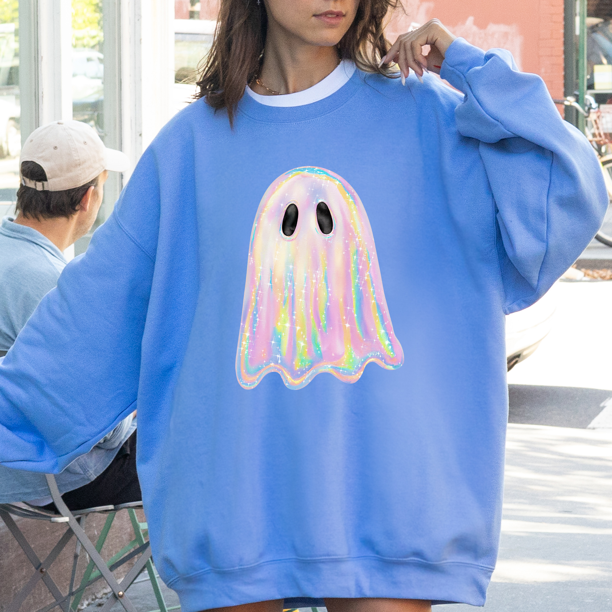 Shimmering Ghost Iridescent Boo Cute Ghost Faux Glitter Spooky Season Halloween Sweatshirt