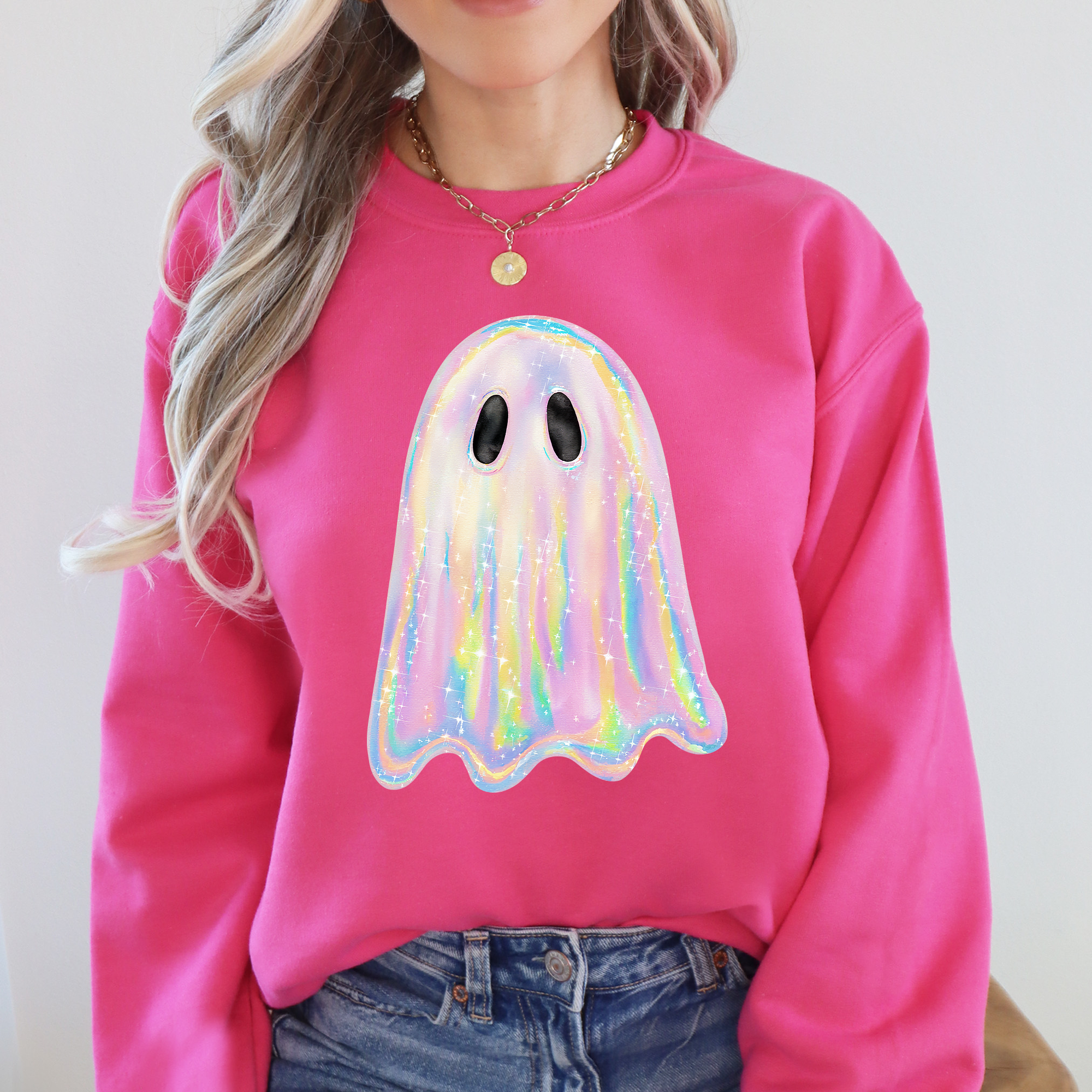 Shimmering Ghost Iridescent Boo Cute Ghost Faux Glitter Spooky Season Halloween Sweatshirt