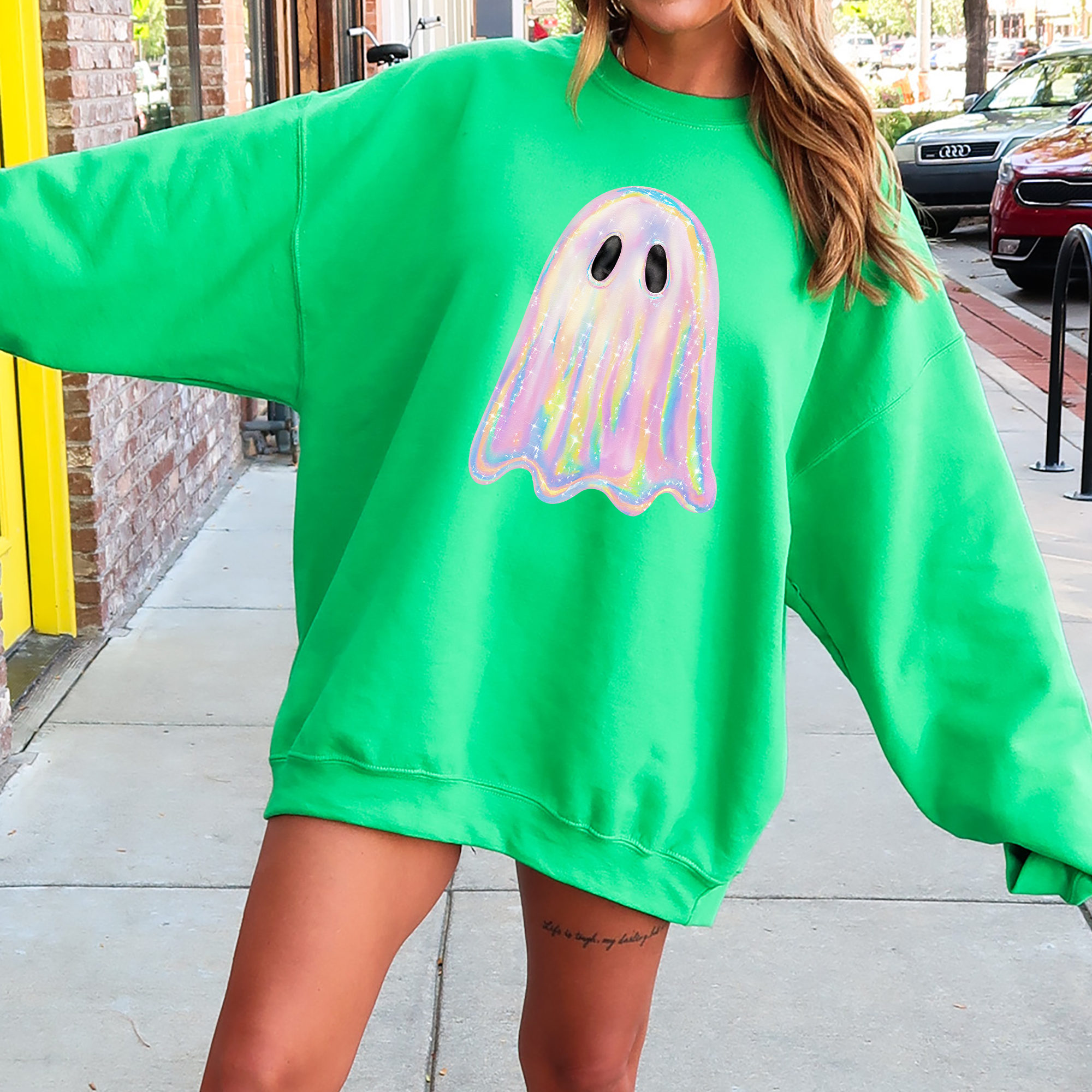 Shimmering Ghost Iridescent Boo Cute Ghost Faux Glitter Spooky Season Halloween Sweatshirt