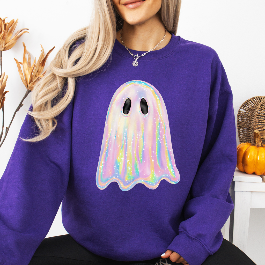 Shimmering Ghost Iridescent Boo Cute Ghost Faux Glitter Spooky Season Halloween Sweatshirt