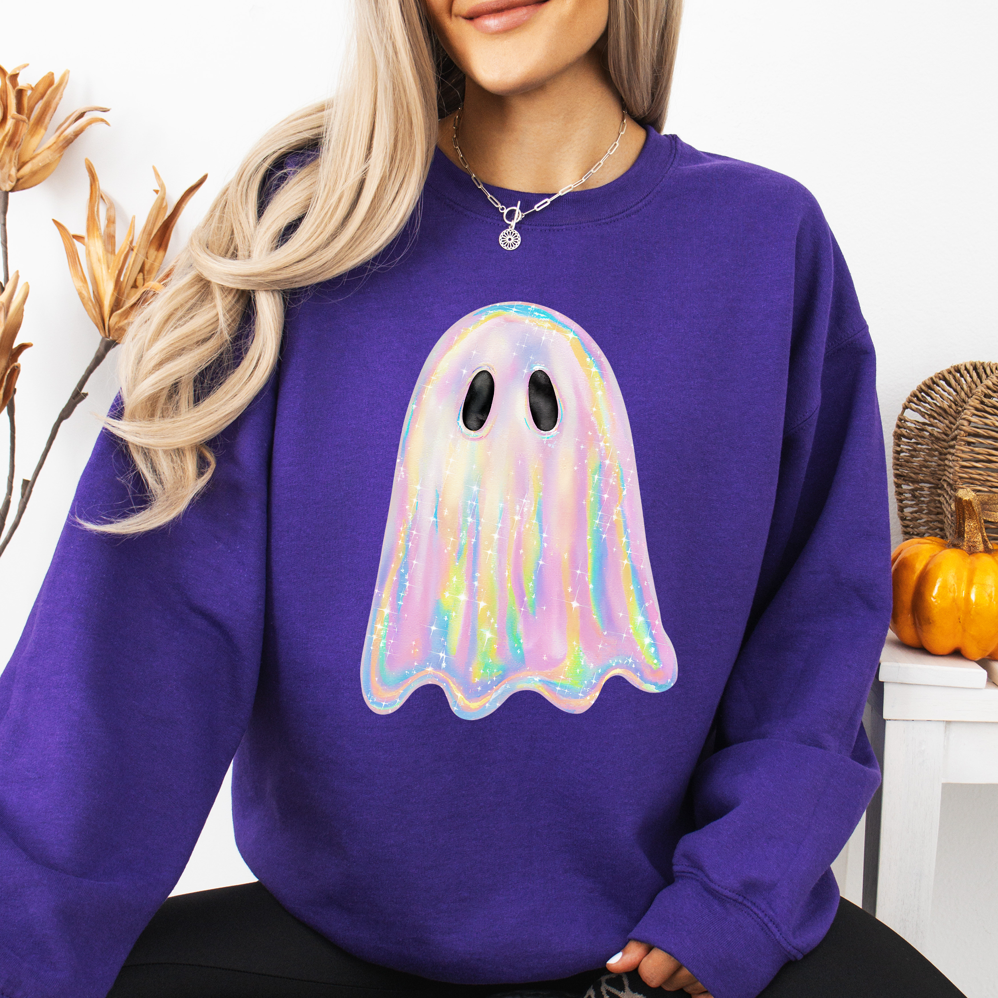 Shimmering Ghost Iridescent Boo Cute Ghost Faux Glitter Spooky Season Halloween Sweatshirt
