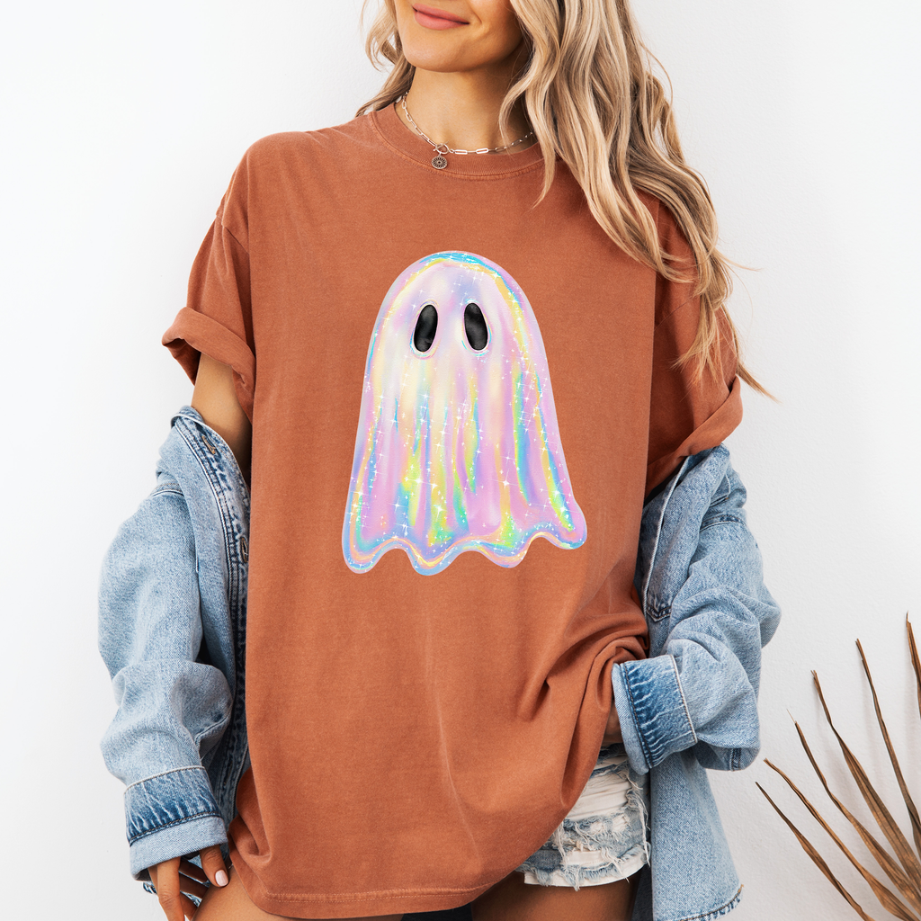 Shimmering Ghost Iridescent Boo Cute Ghost Faux Glitter Spooky Season Halloween Comfort Colors Tee