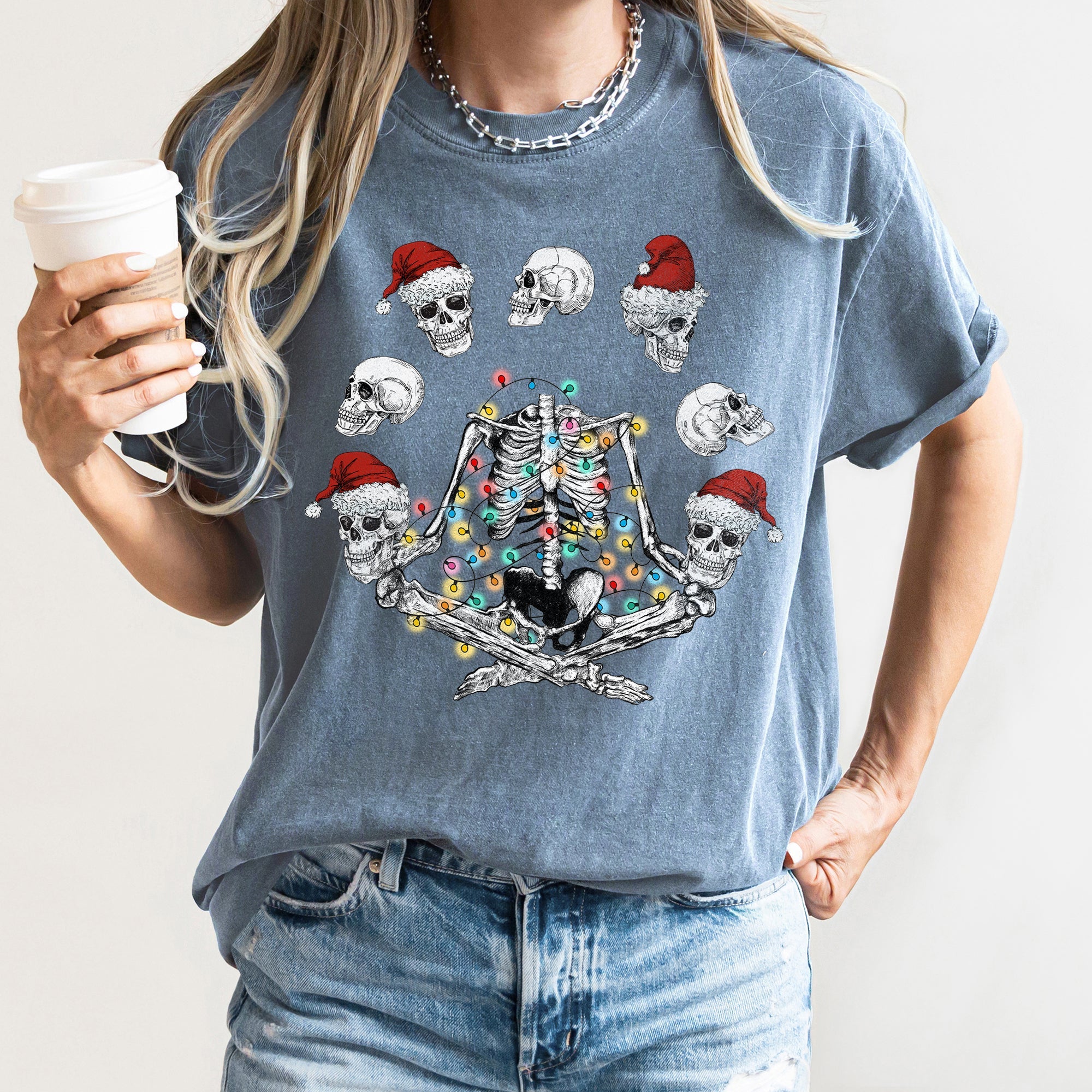 Skeleton Christmas Juggling Yoga Santa Claus Festive Holiday Party Artwork Comfort Colors Tee