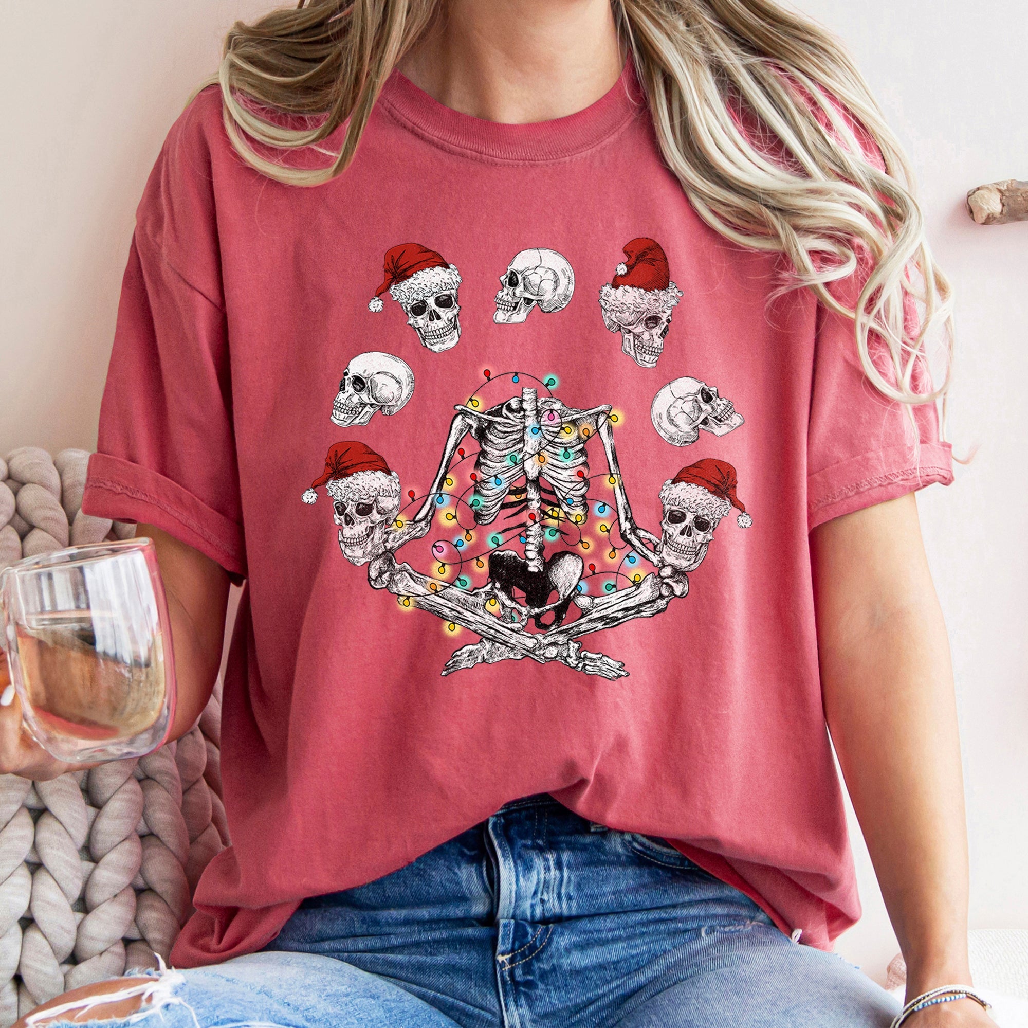 Skeleton Christmas Juggling Yoga Santa Claus Festive Holiday Party Artwork Comfort Colors Tee