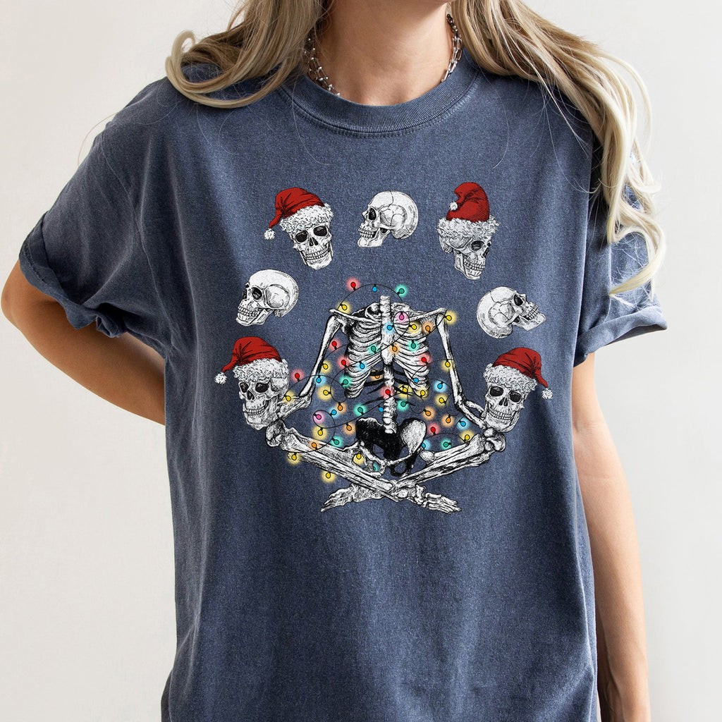Skeleton Christmas Juggling Yoga Santa Claus Festive Holiday Party Artwork Comfort Colors Tee