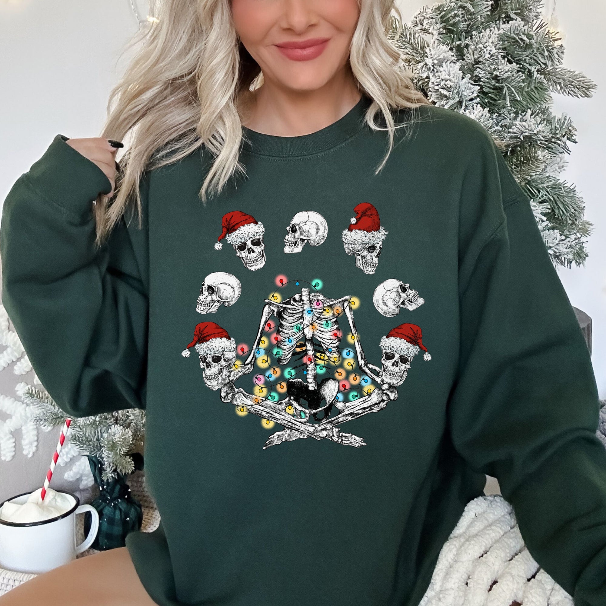 Skeleton Christmas Juggling Yoga Illustration Holiday Skeleton Silhouette Sweatshirt