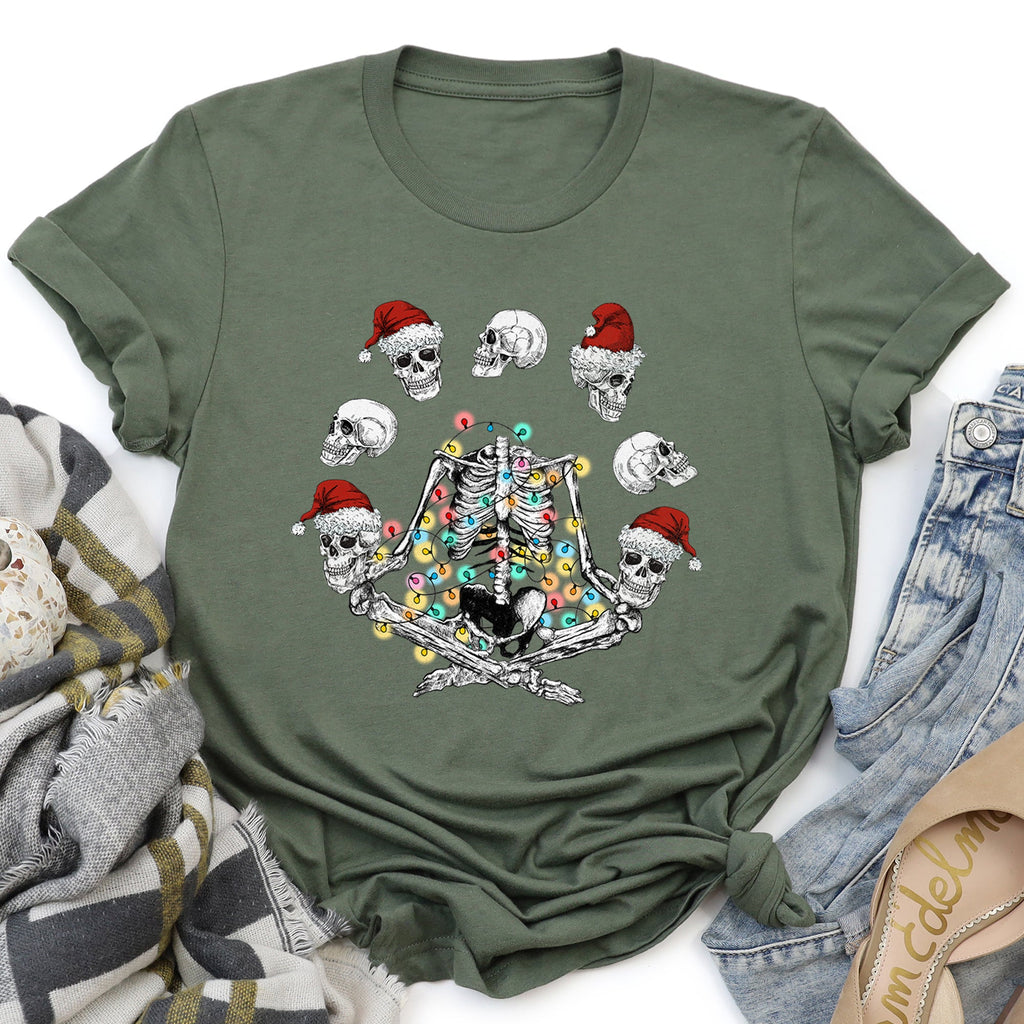 Skeleton Christmas Juggling Santa Yoga Sleigh Ride Parade Mischief Holiday Cheer Graphic Tee
