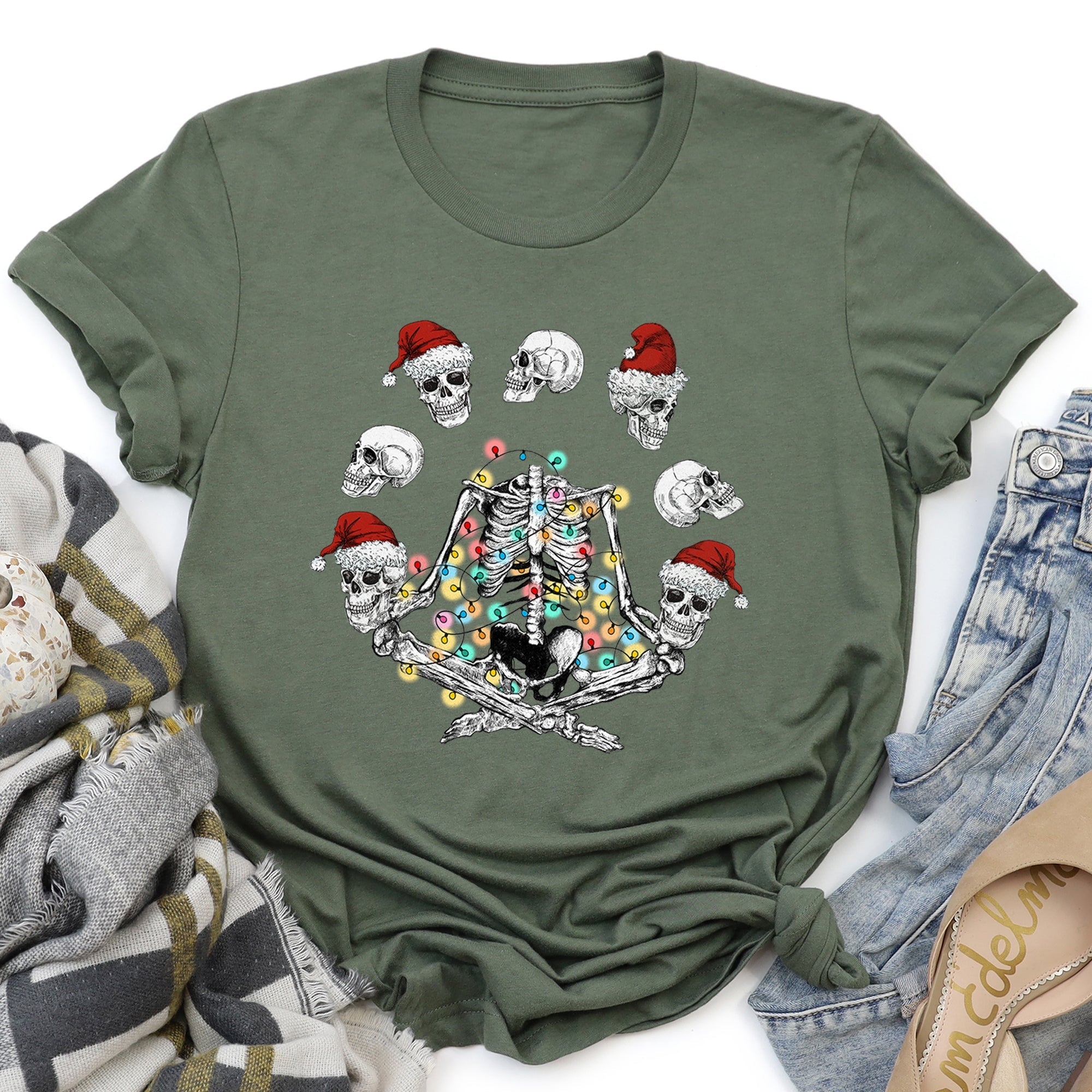 Skeleton Christmas Juggling Santa Yoga Sleigh Ride Parade Mischief Holiday Cheer Graphic Tee