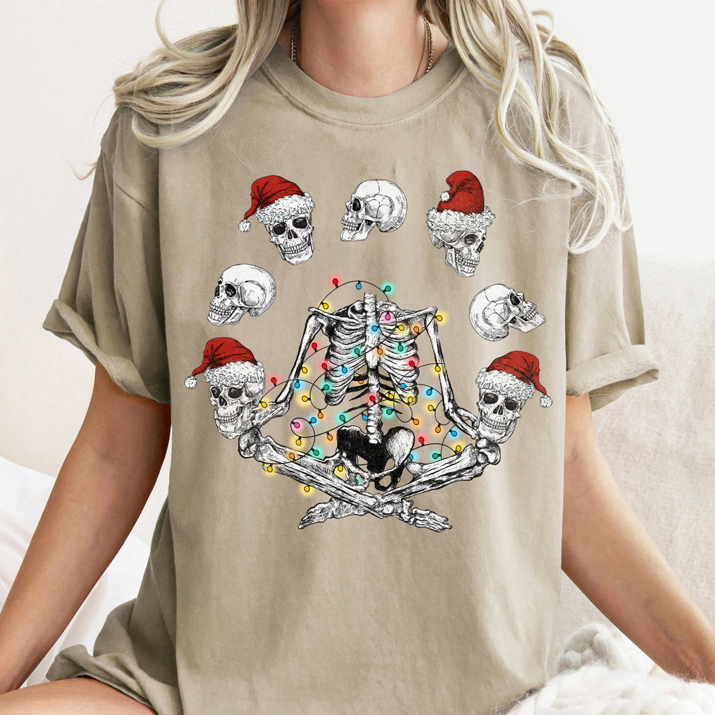 Skeleton Christmas Juggling Yoga Santa Claus Festive Holiday Party Artwork Comfort Colors Tee