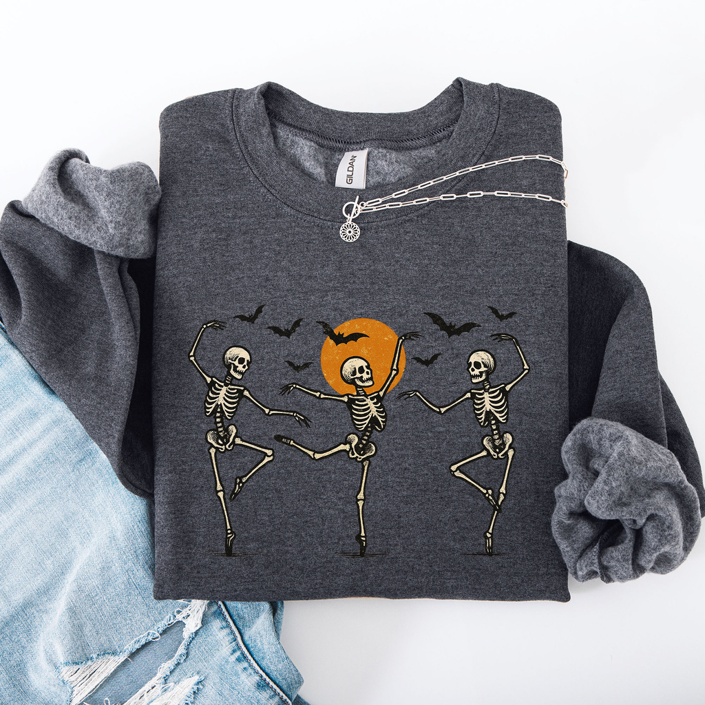 Skeleton Dancers Halloween Parade Vintage Moonlit Street Scene Cozy Retro Sweatshirt