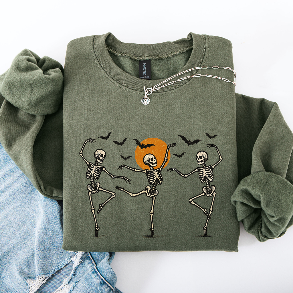 Skeleton Dancers Halloween Parade Vintage Moonlit Street Scene Cozy Retro Sweatshirt