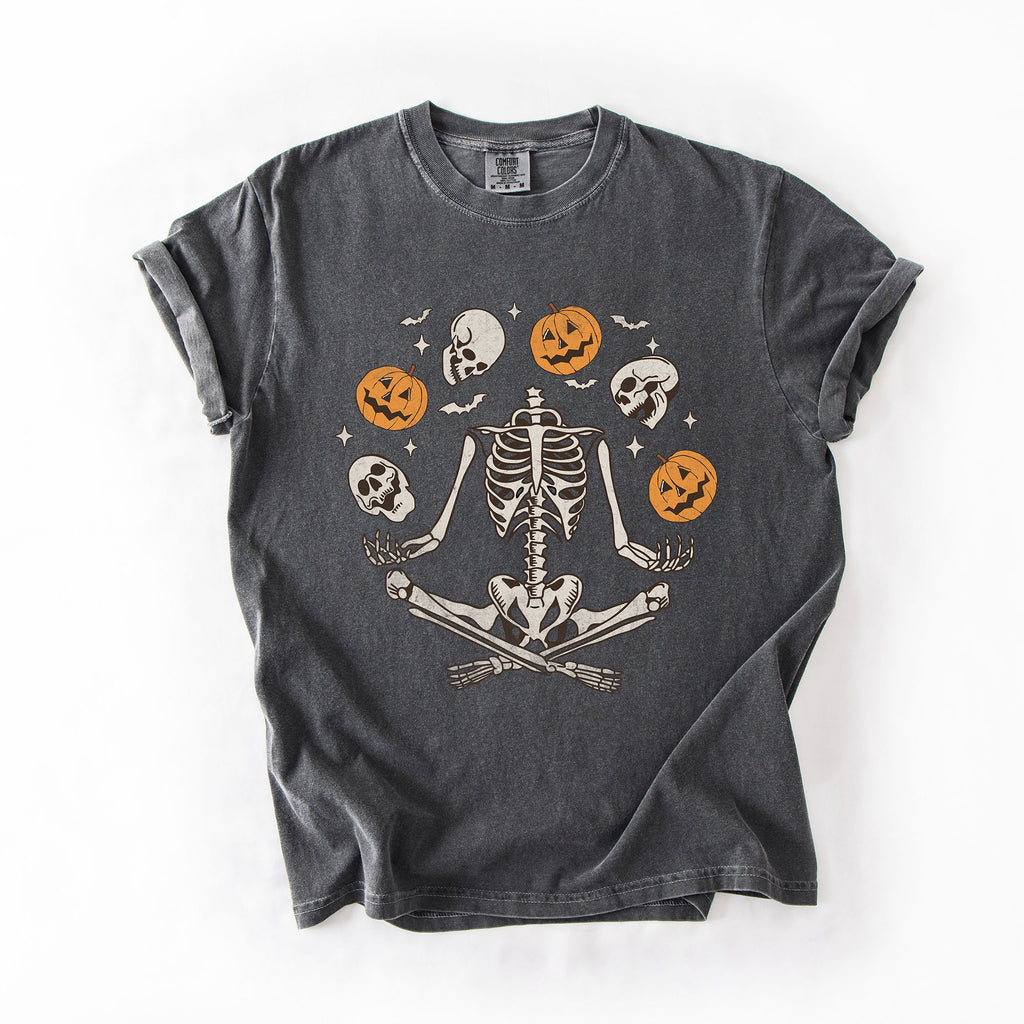 Skeleton Juggling Halloween Jack O Lantern Artwork Featuring Retro Vibes Comfort Colors Tee