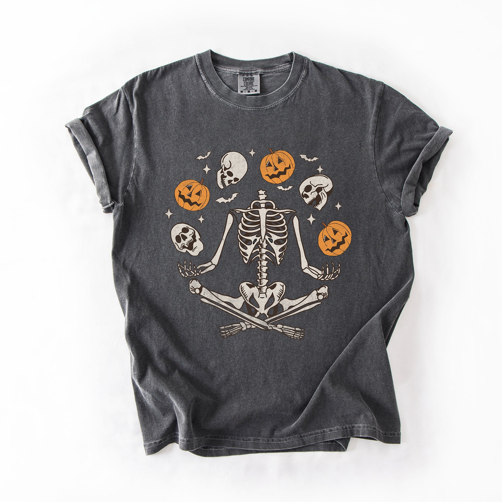 Skeleton Juggling Halloween Jack O Lantern Artwork Featuring Retro Vibes Comfort Colors Tee