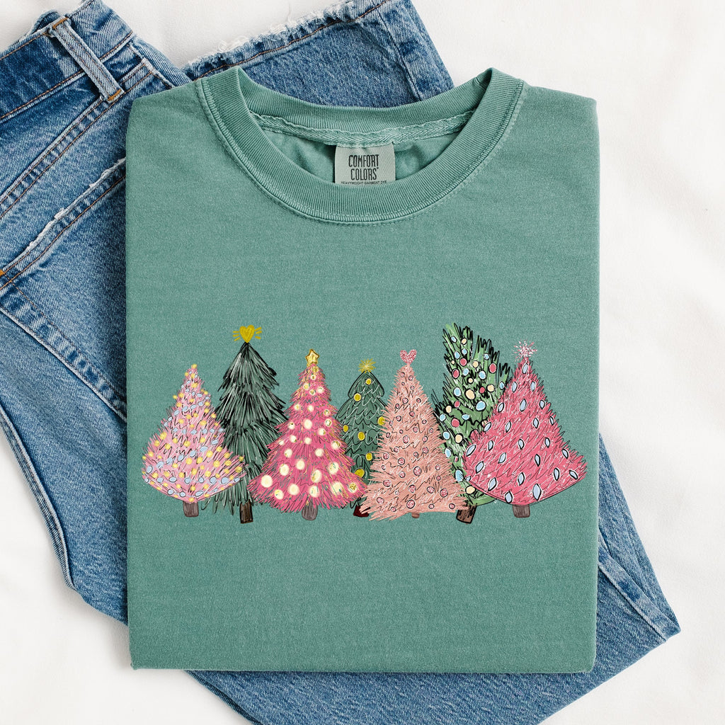 Sketched Christmas Trees Christmas Heart Vibrant Winter Snow Xmas Comfort Colors Tee