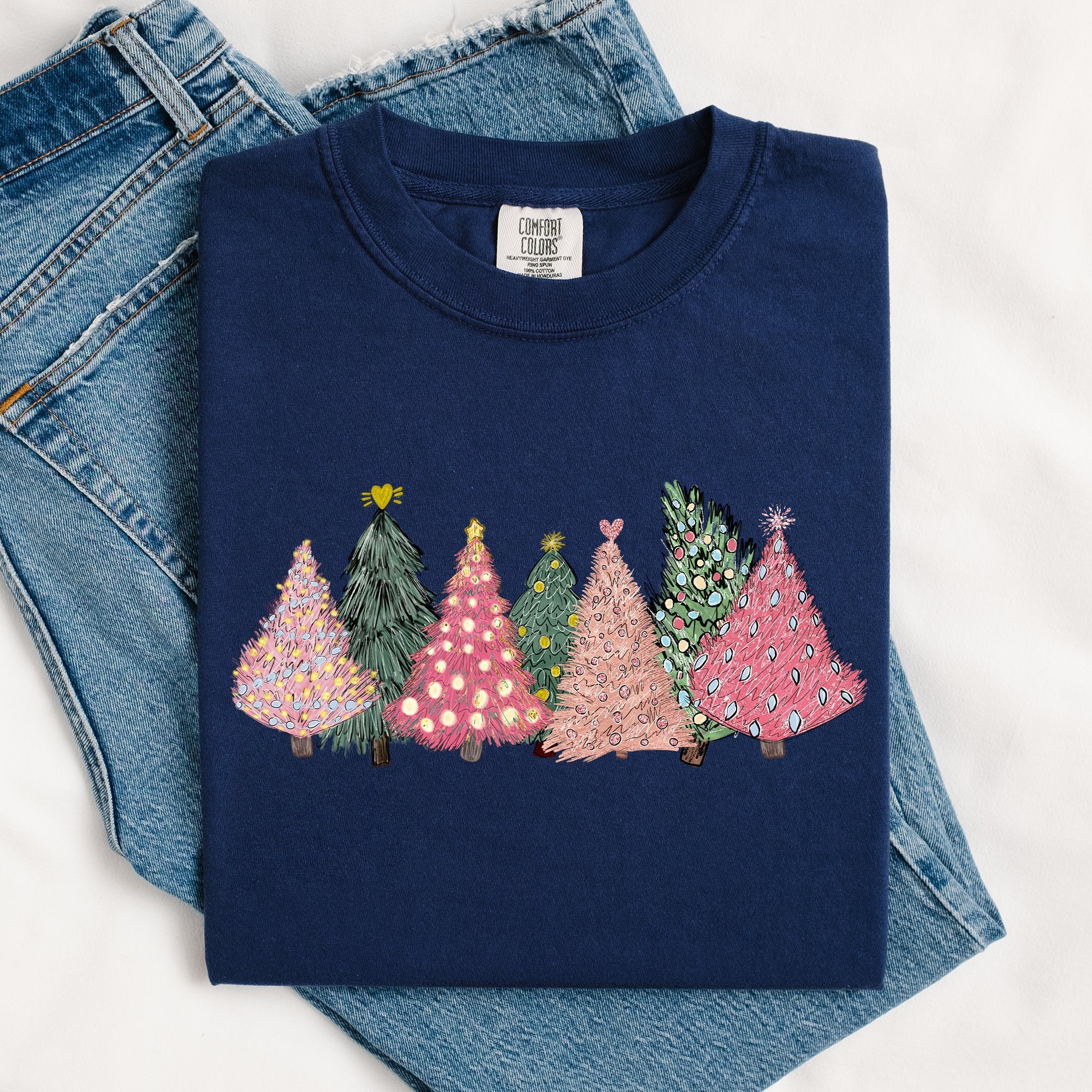 Sketched Christmas Trees Christmas Heart Vibrant Winter Snow Xmas Comfort Colors Tee