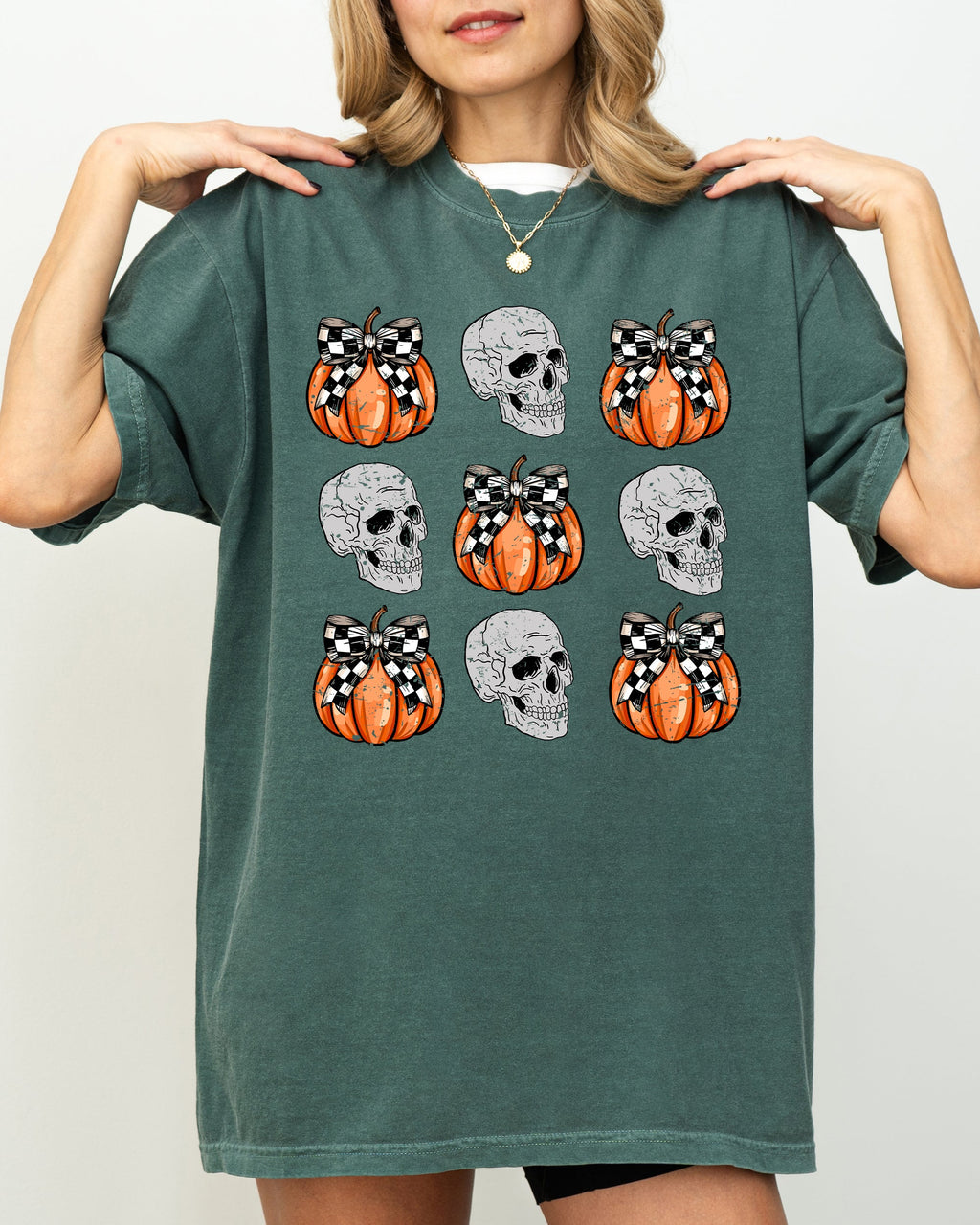 Skulls and Checkered Pumpkins, Coquette Ribbons and Bows Halloween Edition Comfort Colors Tee