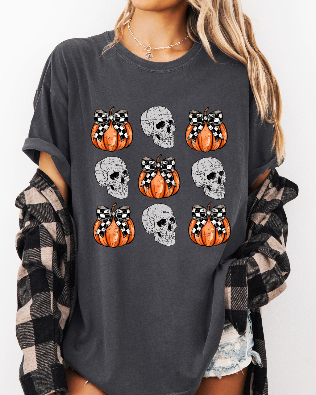 Skulls and Checkered Pumpkins, Coquette Ribbons and Bows Halloween Edition Comfort Colors Tee