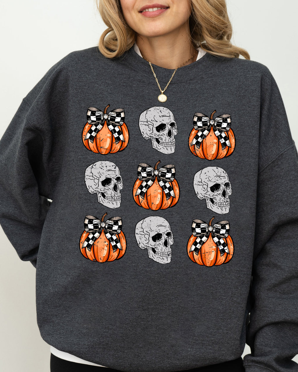 Skulls And Checkered Pumpkins Coquette Ribbons And Bows Halloween Inspired Sweatshirt